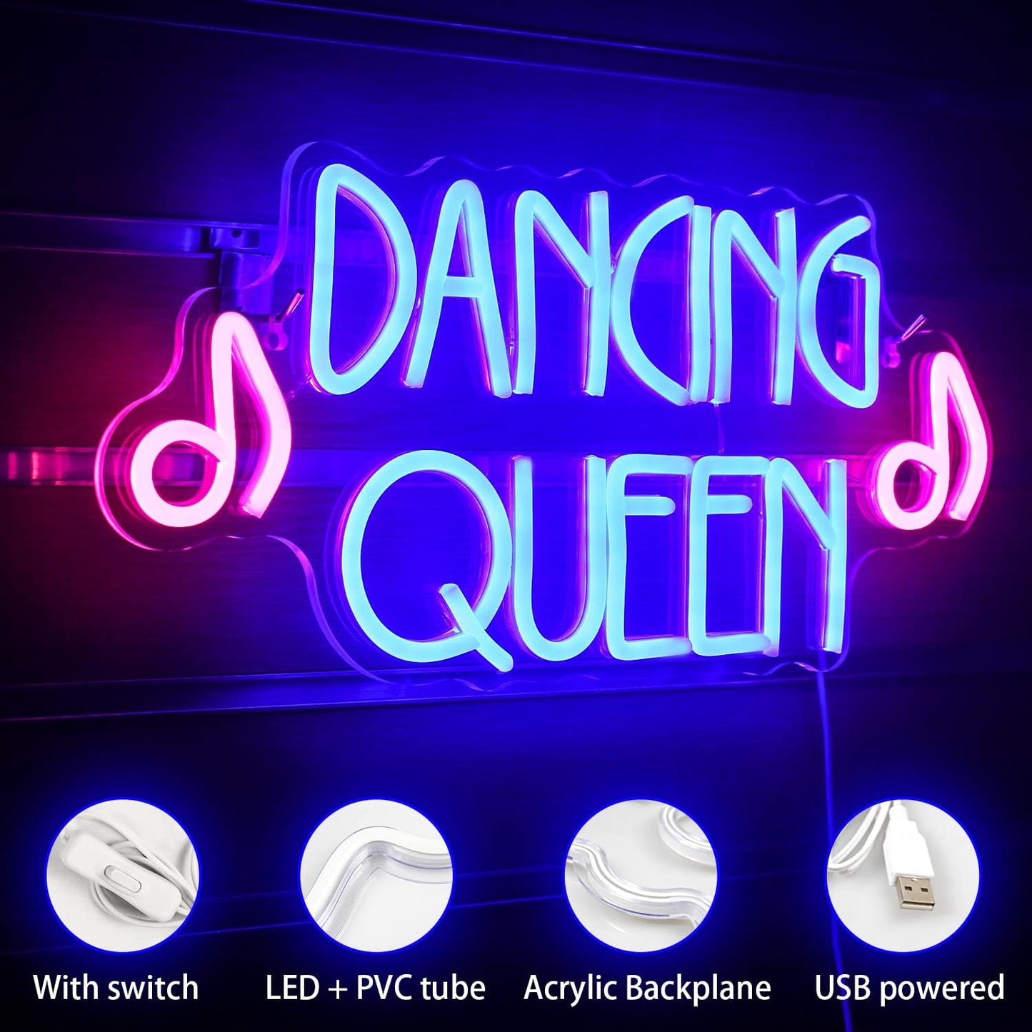 Dancing Queen Neon Sign Dance Led Sign Purple Neon Lights Dance Club Lights Up Sign USB Powered Switch Neon Signs for Wall Decor Dance Studio Dancing Party Bar Dance Club (16.5 * 7.9 inch)