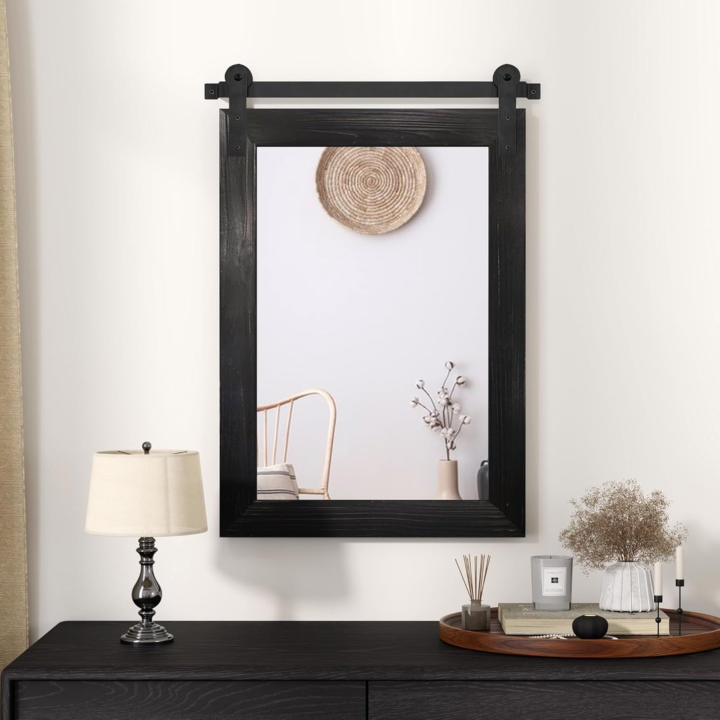 COGOOD Farmhouse Barn Door Mirror - 21 x 30 Rustic Wood Framed Wall Mirror for Bathroom, Living Room, Entryway Wall Decor (Black)