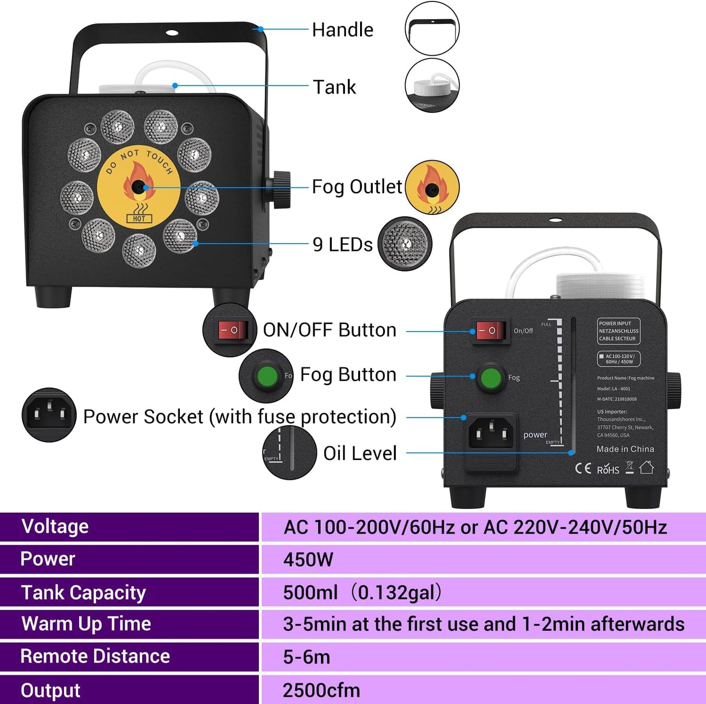 Smoke Machine, Theefun Fog Machine 450w 2500CFM with 9 LED 12 Color Lights Portable 500ml Tank No Liquid Included Stage Smoke Machine Fog Indoor with Wireless Remote Control for Wedding DJ Party