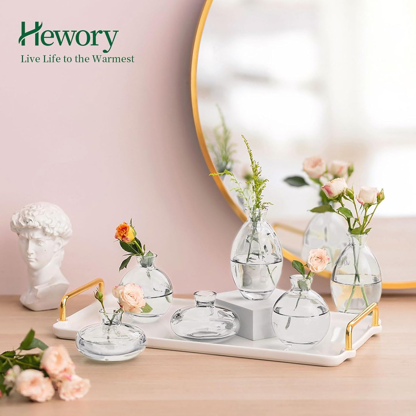 Glass Bud Vases Set of 3, Hewory Cute Clear Small Vases Handmade, Mini Glass Flower Vase for Floral Arrangement, Tiny Centerpiece for Wedding Party Events Home Office Table Decor (Not Include Flower)