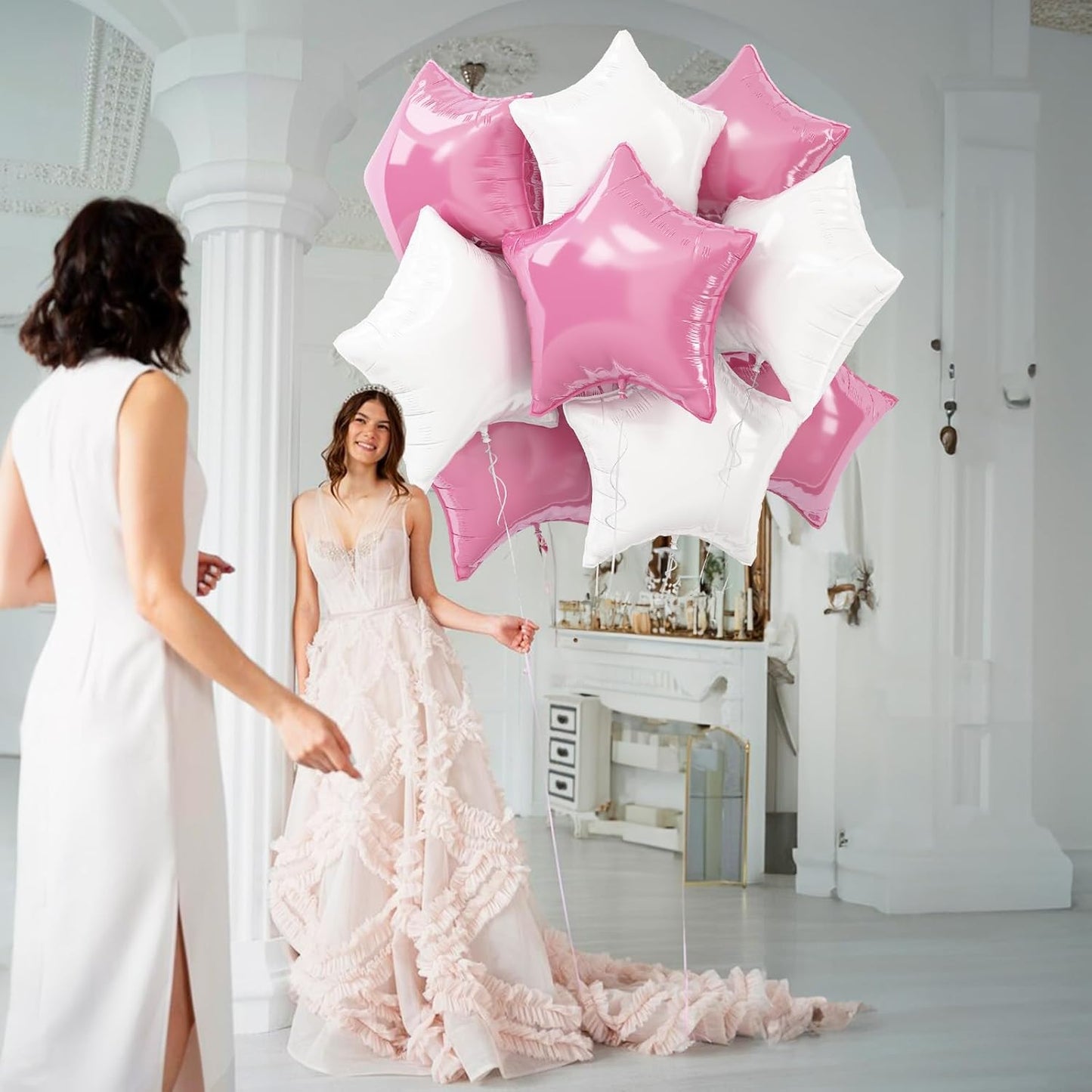 Pink White Star Foil Balloons, 18 Inch Pink White Stars Shape Mylar Balloons 10 Pcs Large Pink and White Pentagram Foil Balloons Party Decoration for Girls Birthday Wedding Bridal Baby Shower