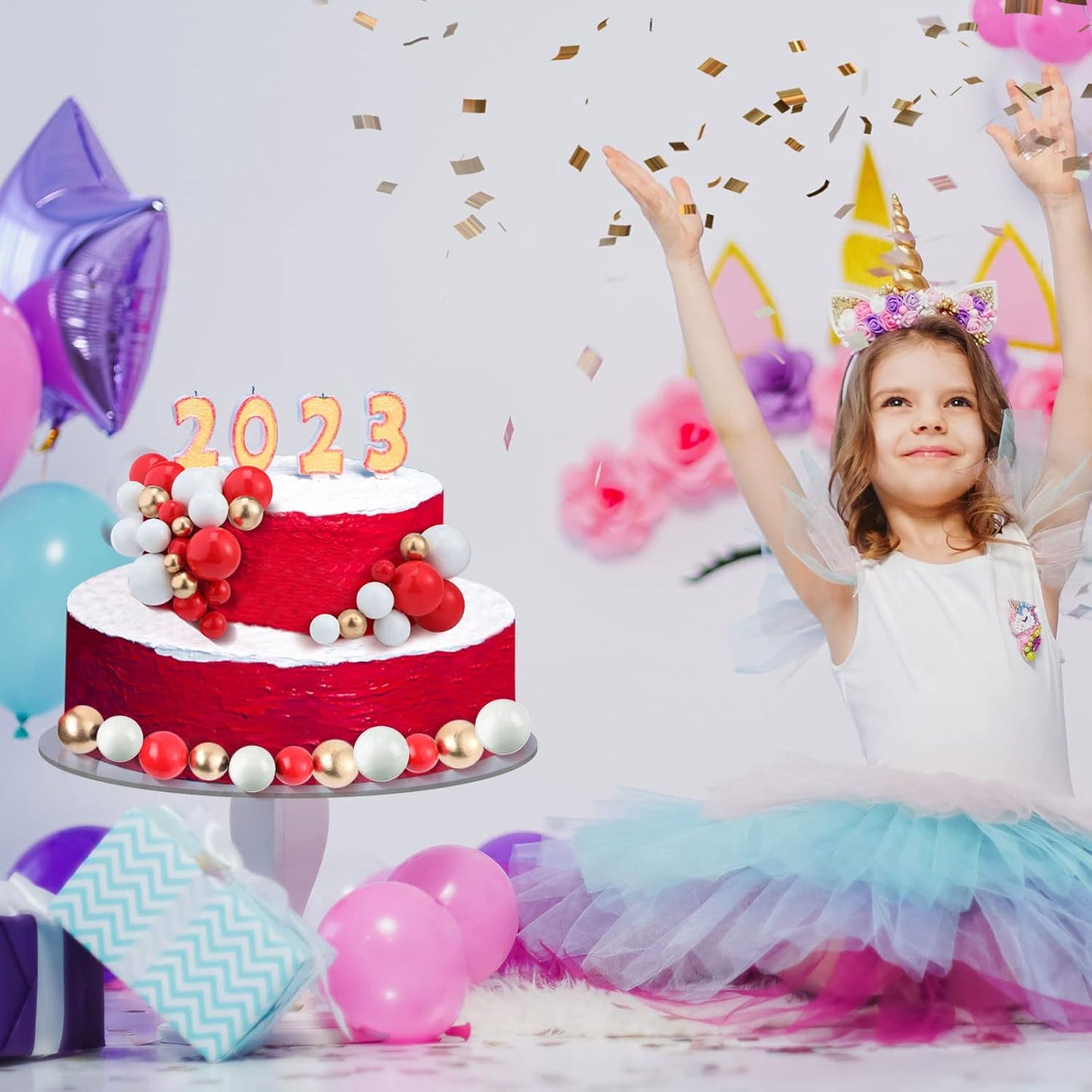 108 Pcs Balls Cake Topper DIY Cupcake Insert Foam Balloons for Cake Baking Wedding Anniversary Birthday Decoration(Red, White, Gold,Multi Sizes)