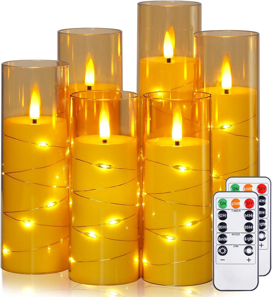 Gold Flameless Candles with Remote and String Light, 2.2"x 5",5",6",7",7",8" LED Battery Operated Plastic Flickering Timer Pillar Candles(Pack of 6,Turn On/Off String Light Mode)