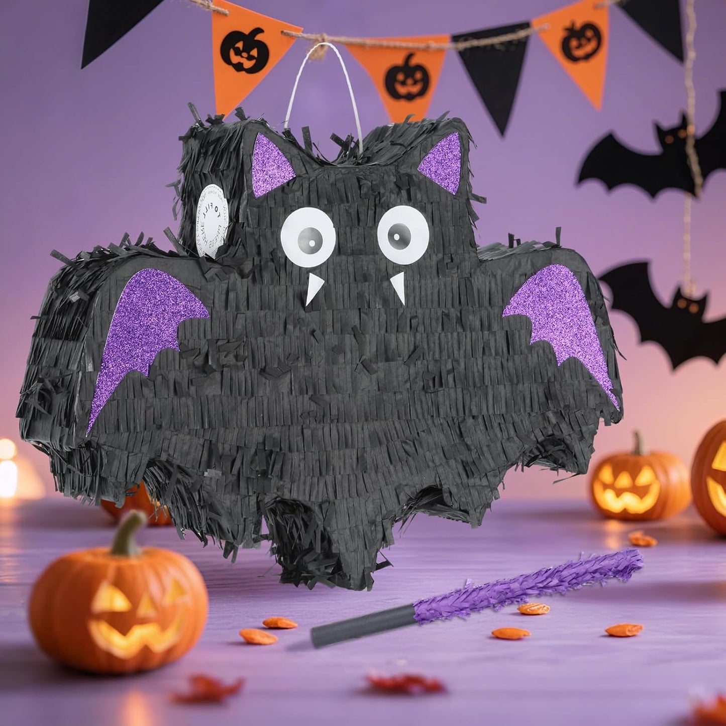 Halloween Bat Pinatas Bundle with a Blindfold and Bat (16.5 x12.6x4 Inches), Halloween Party Decoration Supply, Purple Bat Piñata, Birthday Theme Party Games
