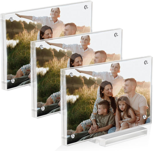 3 Pack 4x6 Magnetic Acrylic Picture Frame with Base, Both Horizontal Vertical or Slant Back Display, Double Sided Clear Photo Frame, Frameless Lucite Frames