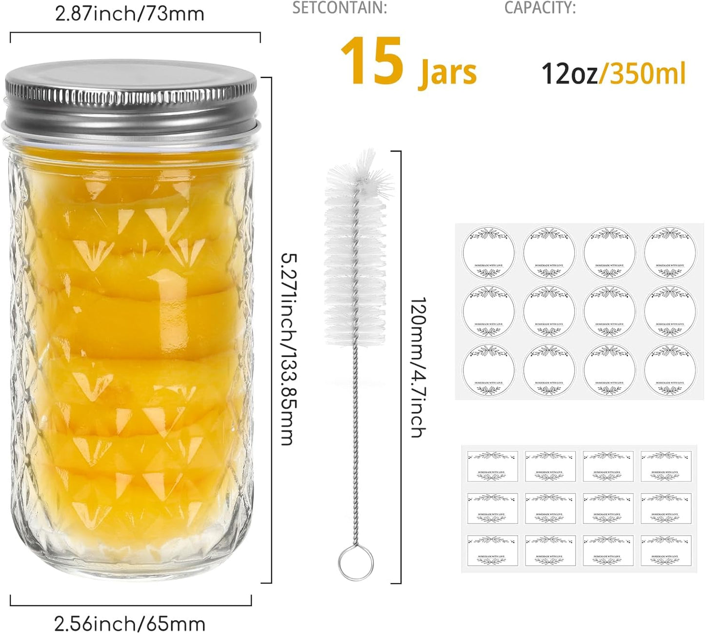 CycleMore 15 Pcs 12oz Mason Jars With One Piece Silver Metal Lids, Canning Jars Glass Regular Mouth Jar for Honey, Jam, Jelly, Wedding Favors, Kitchen Food Storage