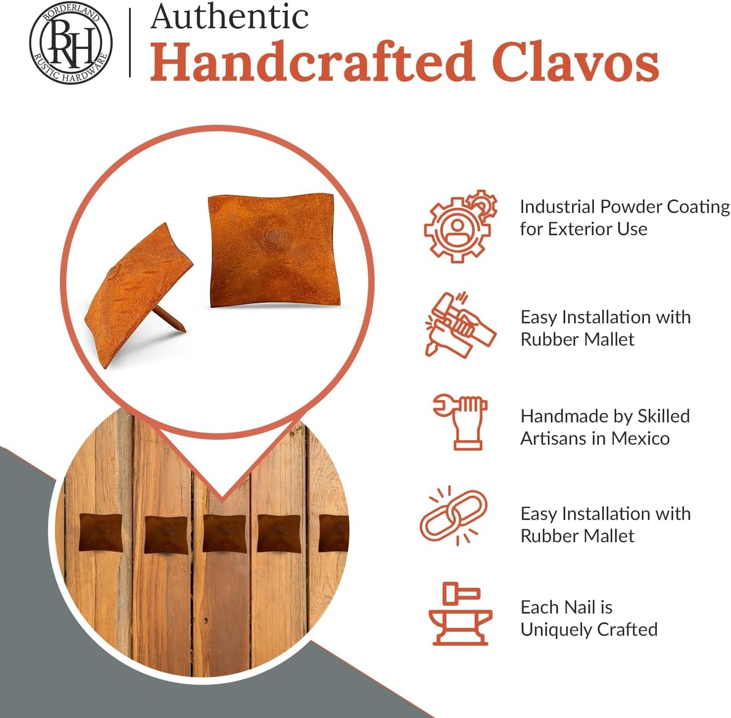 10 Pack 2" Square Head Iron Clavos Decorative Nails – Rusted – Handmade Rustic Square Fasteners for Farmhouse Shutters, Faux Wood Beams, Barn Doors, Shutters, and Gates – Ornamental Wood Accent