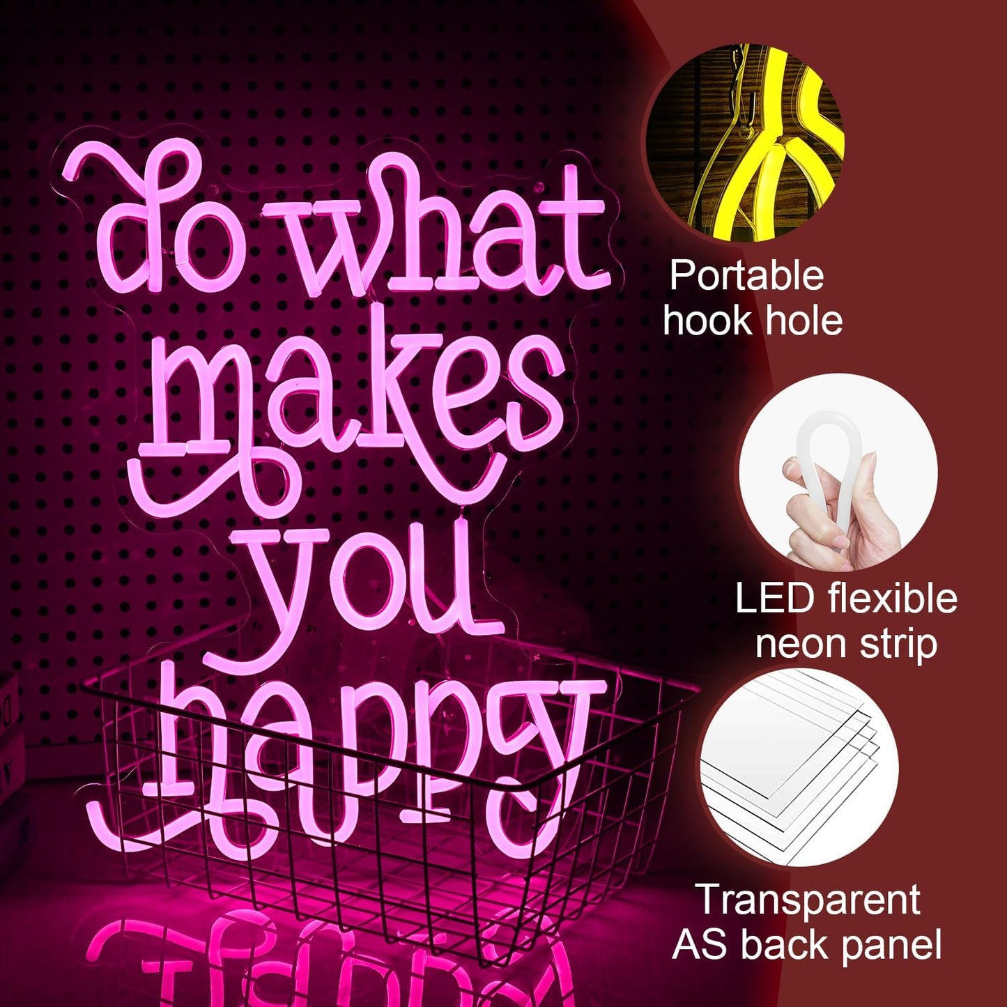 Do What Makes You Happy Neon Sign USB powered Pink Letters Led Neon Light for Wall Decor Dimmable Neon Light Up Sign for Bedroom Home Wedding Decor Gifts (16.5 * 12.6In)