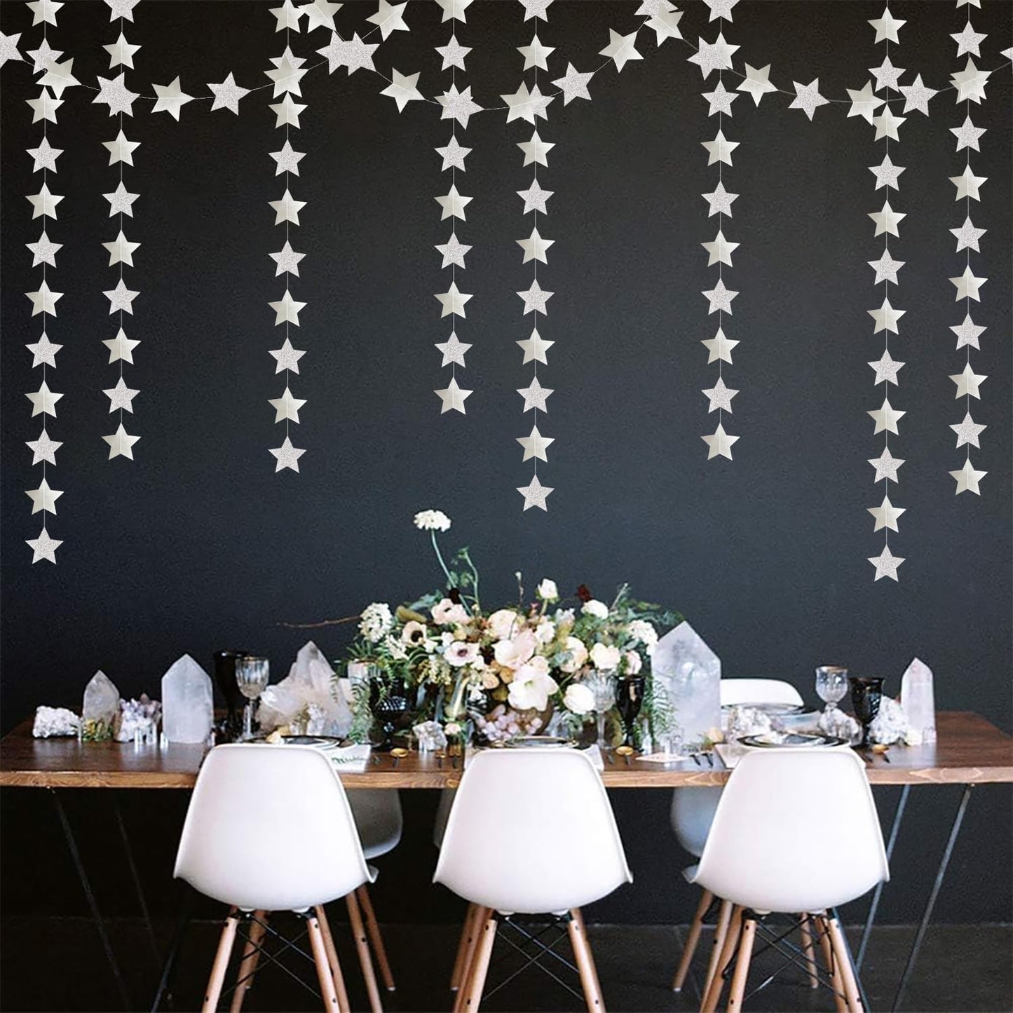 Glitter-Silver Party-Decorations Star Christmas Garland - 62ft Birthday Twinkle Little Star Hanging Streamers Banner,Bachelorette Engagement Wedding New Years Supplies Decor Hugtmr