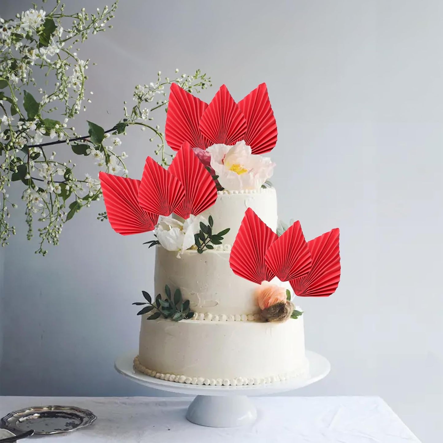 Ephlyn 6Pcs Paper Palm Fan Cake Topper Palm Leaf Fan Cake Pick Palm Spear Leaf DIY Cake Decorations for Bakeware Baby Shower Wedding Bridal Shower Birthday Anniversary Party Red