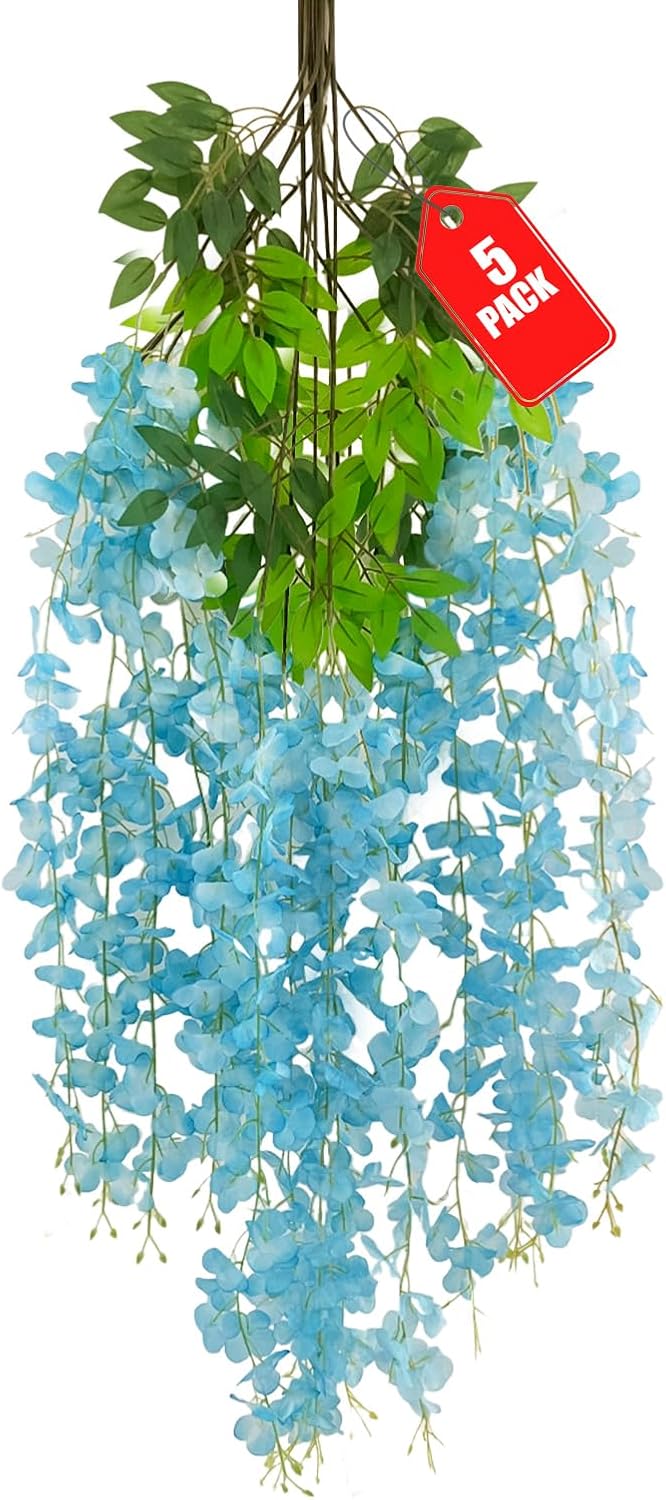 5 Pack Lake Blue Wisteria Hanging Flowers, 3.4 Ft Fake Hanging Flowers, Artificial Wisteria Garland Vines for Wedding Room Backdrop Outdoor Patio Garden Decoration