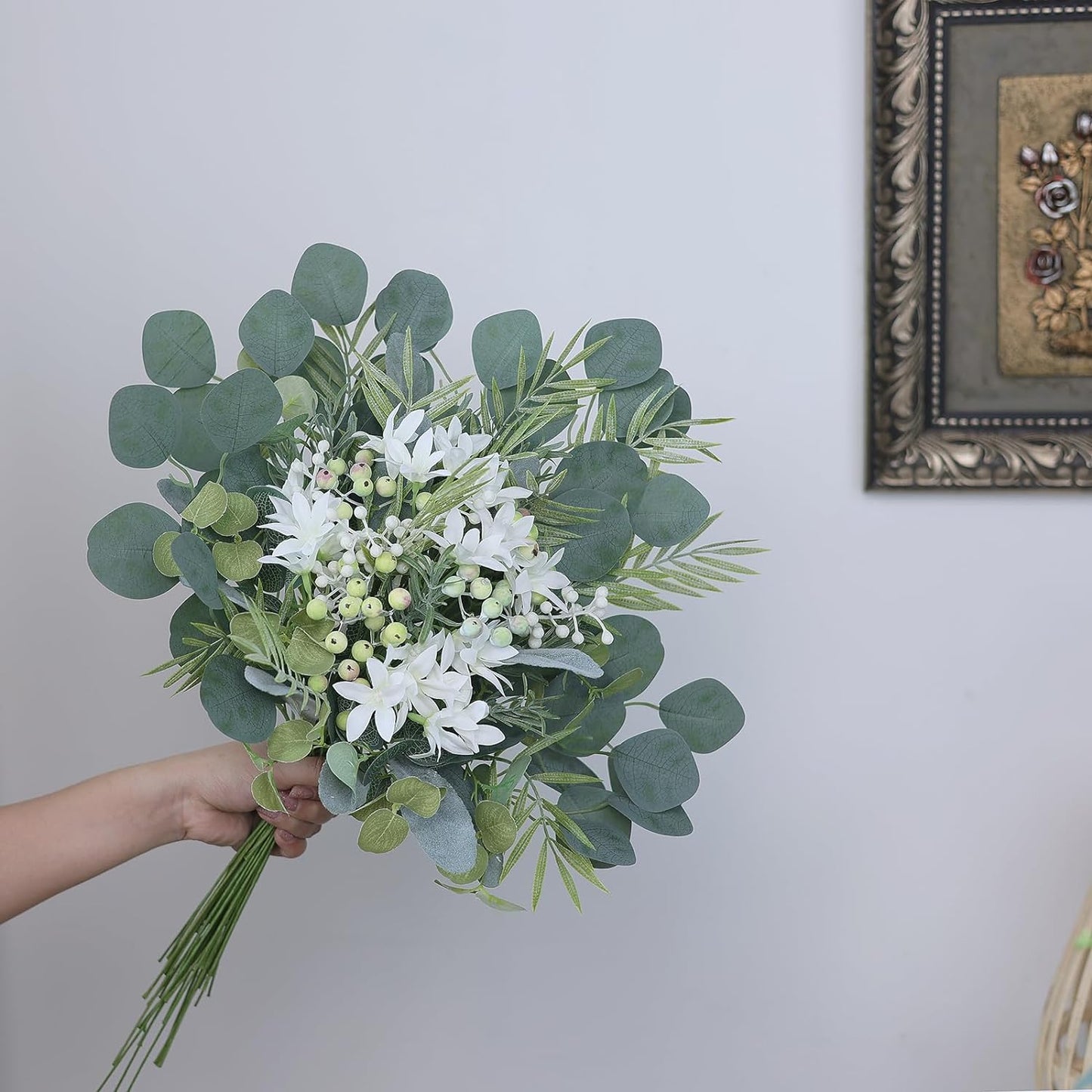 FOTEEWL 75 Pcs Artificial Greenery Stems Box Set,with 8 Kinds of Faux Plants and Fake Flowers for DIY Bridal Bouquets Wedding Floral Arrangement Table Centerpieces Decoration (Sage Green)