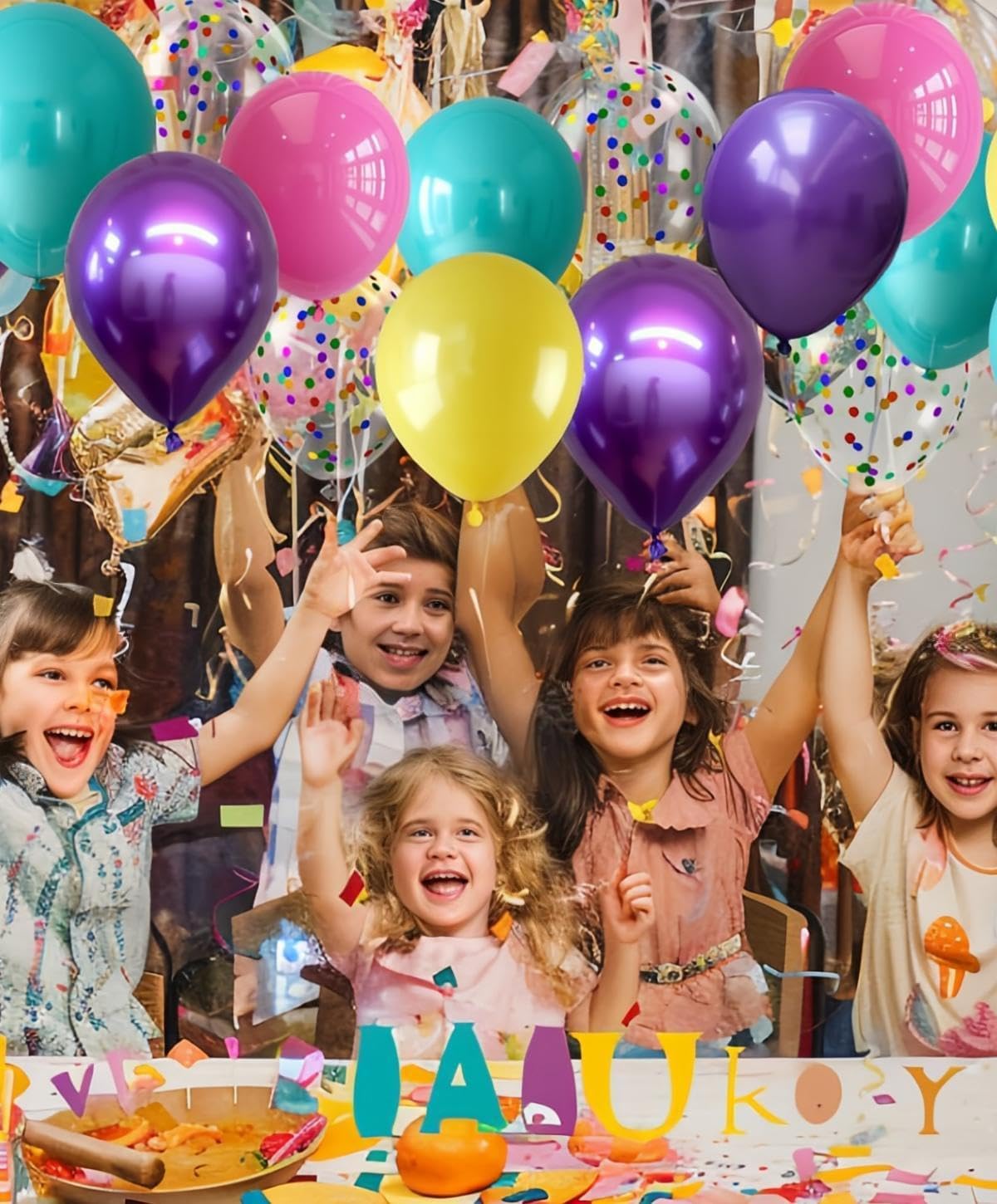 300 Pcs Mermaid Balloons Set, 12 Inches Purple Metallic Purple Teal Hot Pink Yellow Latex Balloons and Confetti Balloons for Birthday Mermaid thematic Party Decoration