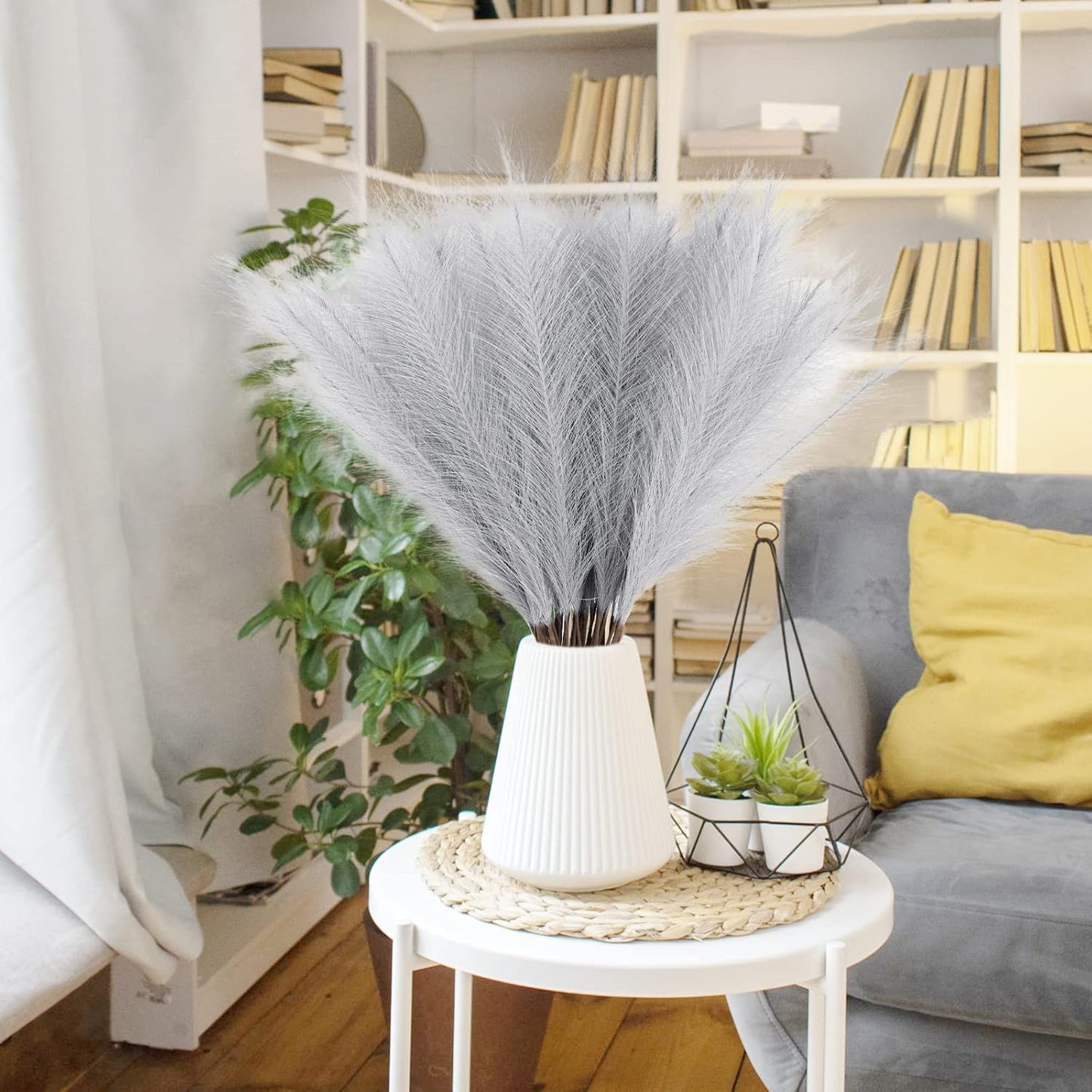 50pcs Faux Pampas Grass Grey, 21.6" Short Artificial Pompous Grass Floral Fake Pompas Grass Branches Vase Filler Flower Arrangement for Home Wedding Boho Decor