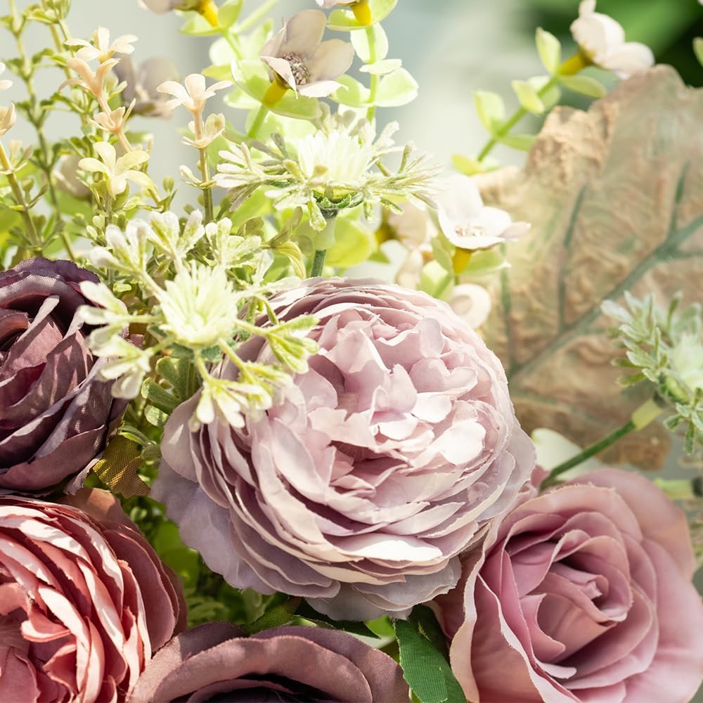 LESING Fake Artificial Flowers with Vase Faux Silk Flower Bouquet in Glass Vase Rose Floral Arrangements Flower for Home Office Decoration, Dining Table Centerpiece (Purple)