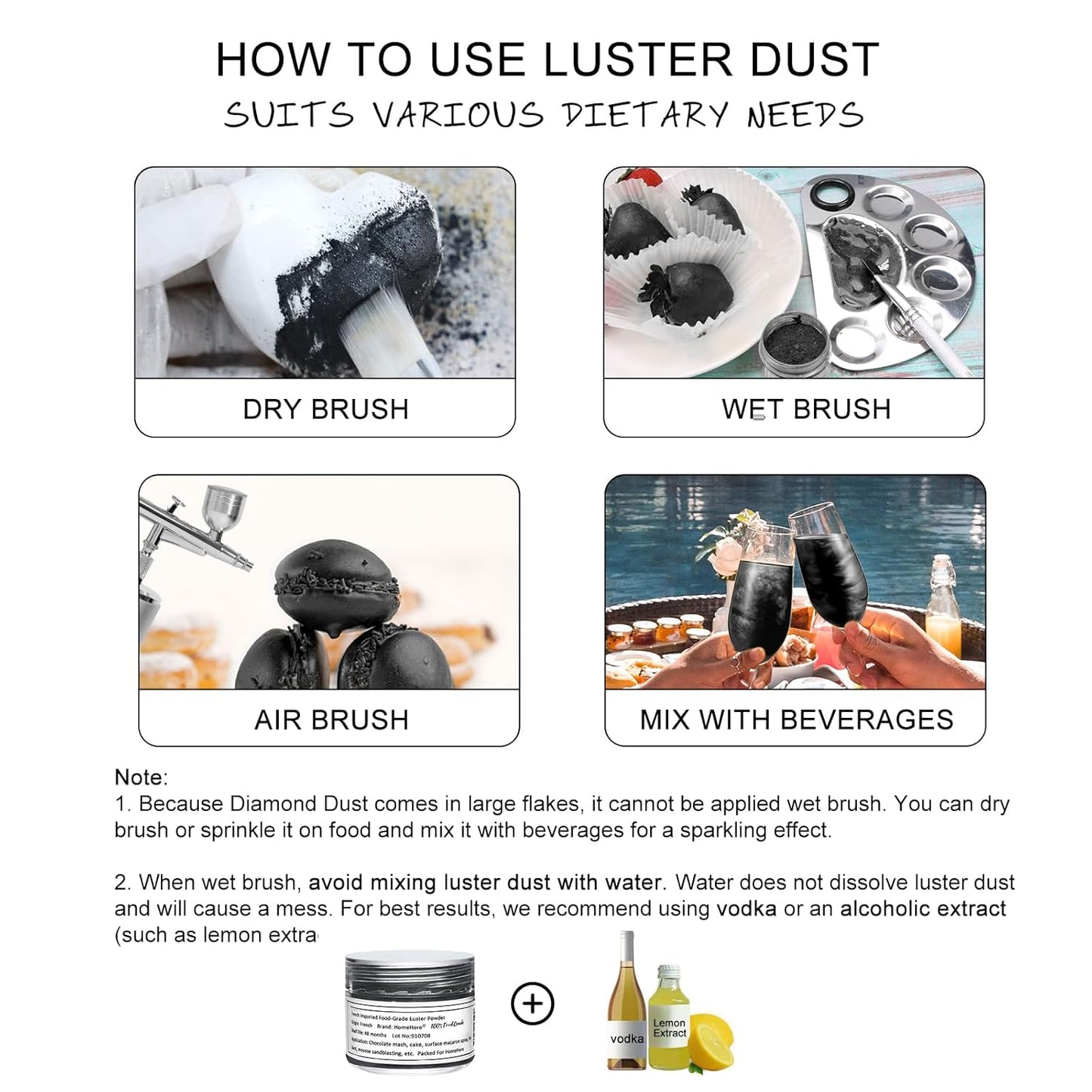 HomeHere Edible Luster Dust Food-Grade Glimmer Powder Glitter for Cake Decorating 7g, Edible Sprinkle Glitter for Cocktails Drinks Baking Candy Dessert Chocolate Vegan Tasteless, Black