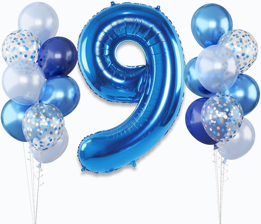 Navy Blue 9 Balloons, 40 Inch Dark Blue Foil Number 9 Balloon Set, XXL Self Inflating 9 Helium Balloon with Metallic Blue Silver Confetti Balloon for Boys 9th Birthday Anniversary Party Decorations