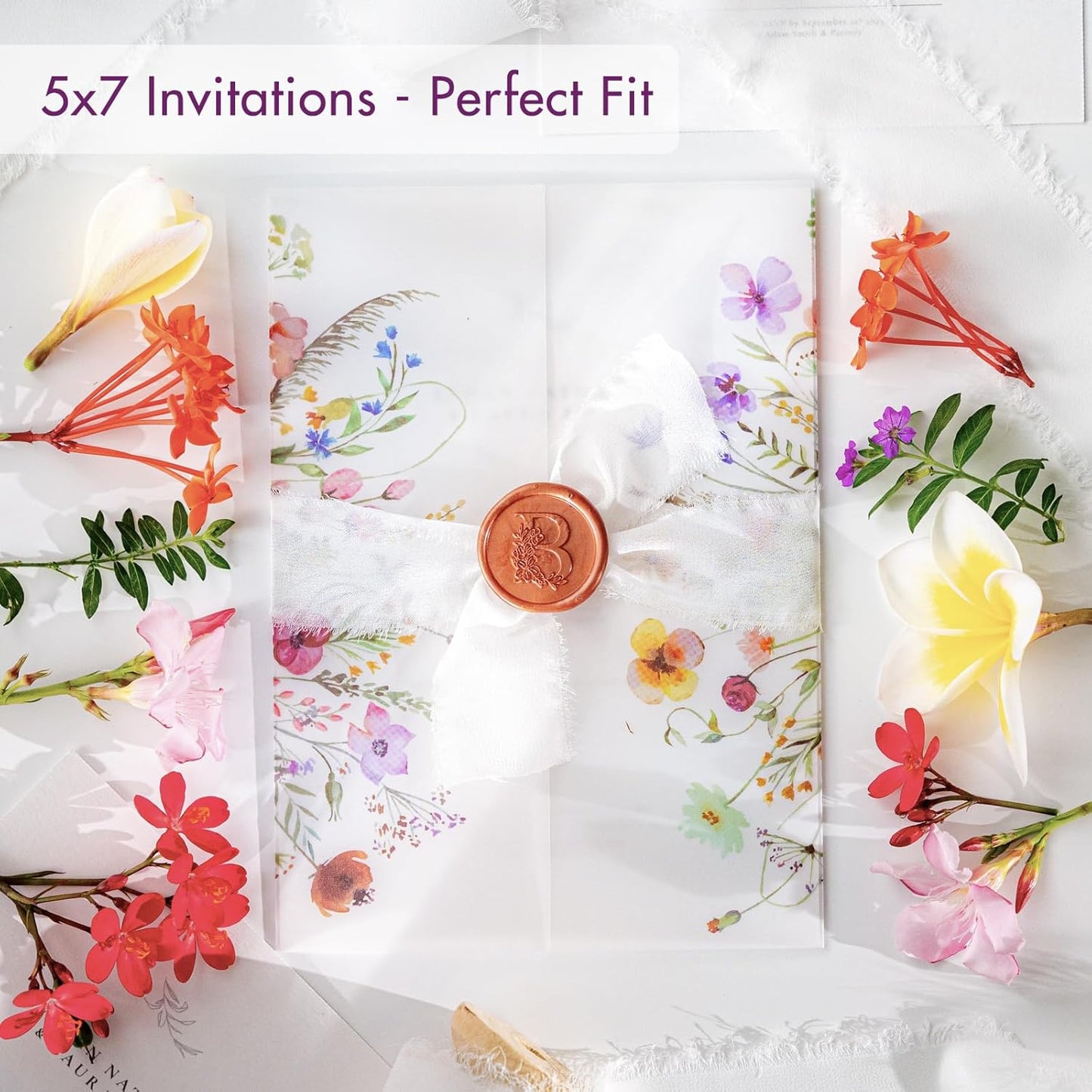 50 Pack Pre-Folded Vellum Jackets for 5x7 Invitations,AZAZA Pretty Translucent Invitation Sleeves,115GSM Vellum Jackets 5x7, Wedding Invitation Accessories,for Weddings Birthdays,Wildflowers