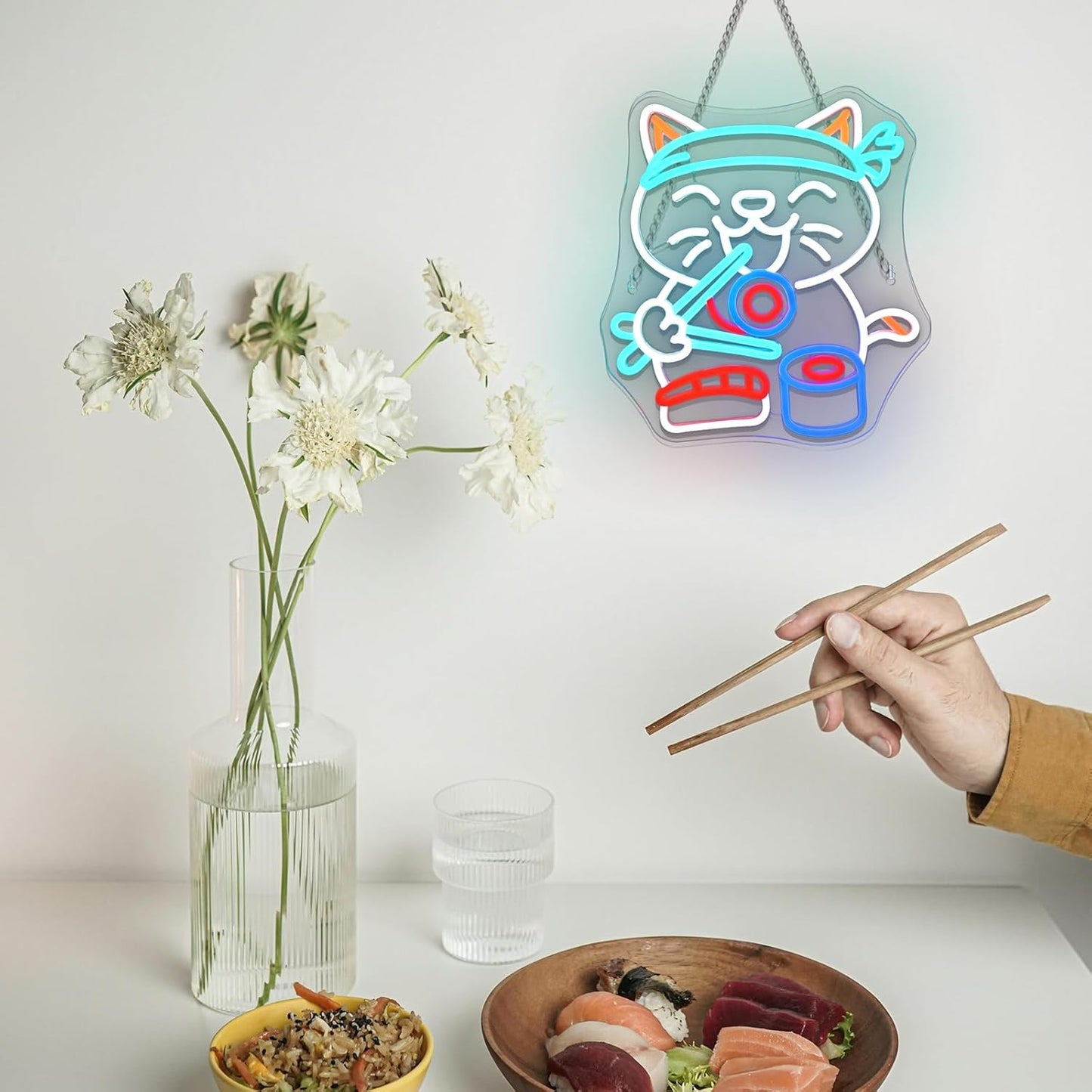 Wanxing LED Neon Sign for Wall Decor, Ramen Cat Eat Sushi Neon Light, USB Powered Dimmable, 5V/2A, 12.6"x13.8" for Home, Party, Gift, Office, Bedroom, Kitchen, Sushi Lover