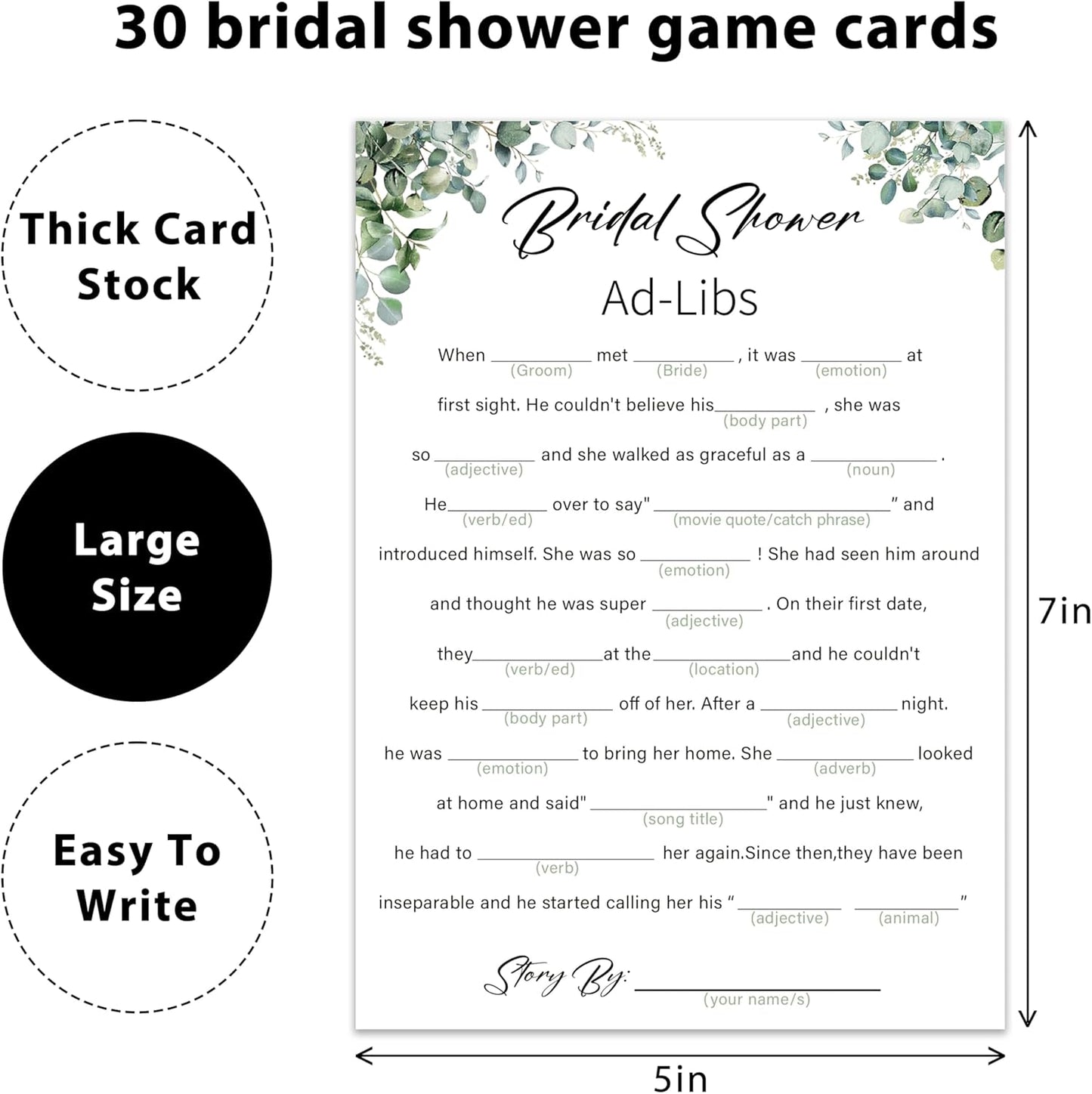 Eucalyptus Bridal Shower Game Cards - Ad-libs Game, Wedding Engagement Bachelorette Party Bridal Shower Games for 30 Guests, Double Sided Cards Set of 30, Activity Supplies & Favor/A03