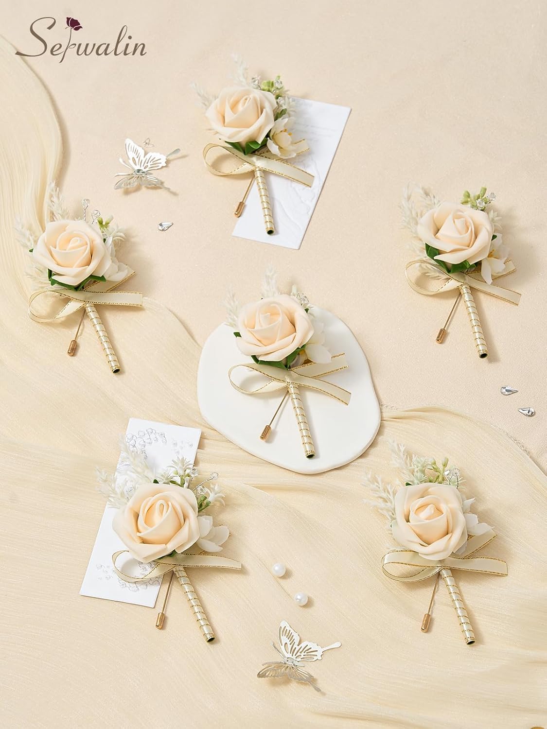 Serwalin 10Pcs Boutonniere for Men Wedding, Champagne Groom and Best Man Boutonniere, Artificial Flowers for Wedding Decor Prom Homecoming Ceremony Anniversary Formal Dinner Party