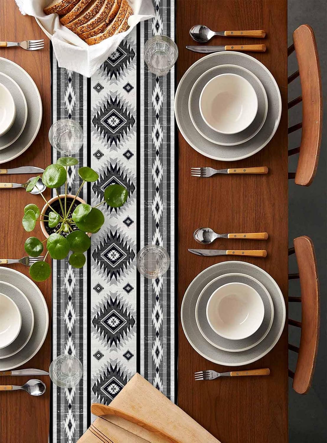 Aztec Southwest Cotton Linen Table Runner for Dining Kitchen, Wedding Outdoor Party Tablerunners Decoration, Boho Ethnic Tribes Vintage Grey Dresser Scarf Coffee Tablecloth Runners 13x90 Inches