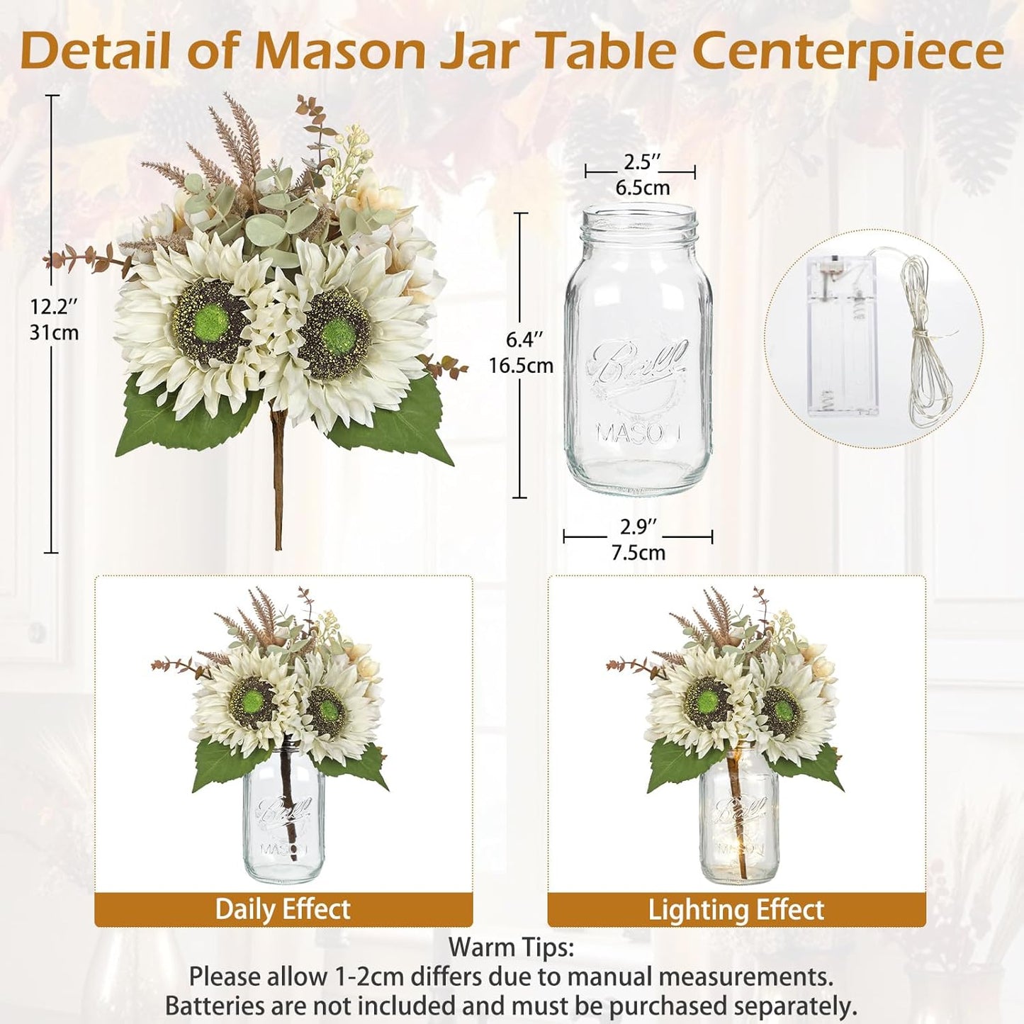 Silk Sunflowers Artificial Flowers with Mason Jar Centerpiece for Table White Fall Flowers in Vase Small Fall Floral Arrangement with Vase Thanksgiving Centerpiece for Dining Room Table Autumn Decor