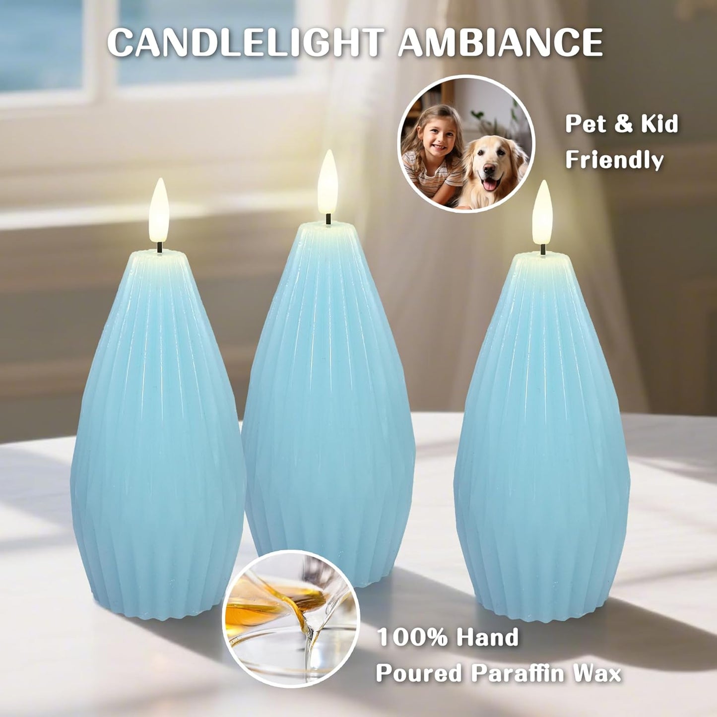 Silverstro Ocean Flameless Candles Remote Irregular Polygon Ribbed Design Real Wax Flicker Battery Operated Candles for Home Party Wedding Thanksgiving Christmas Nautical Decor - Set of 3(Blue)