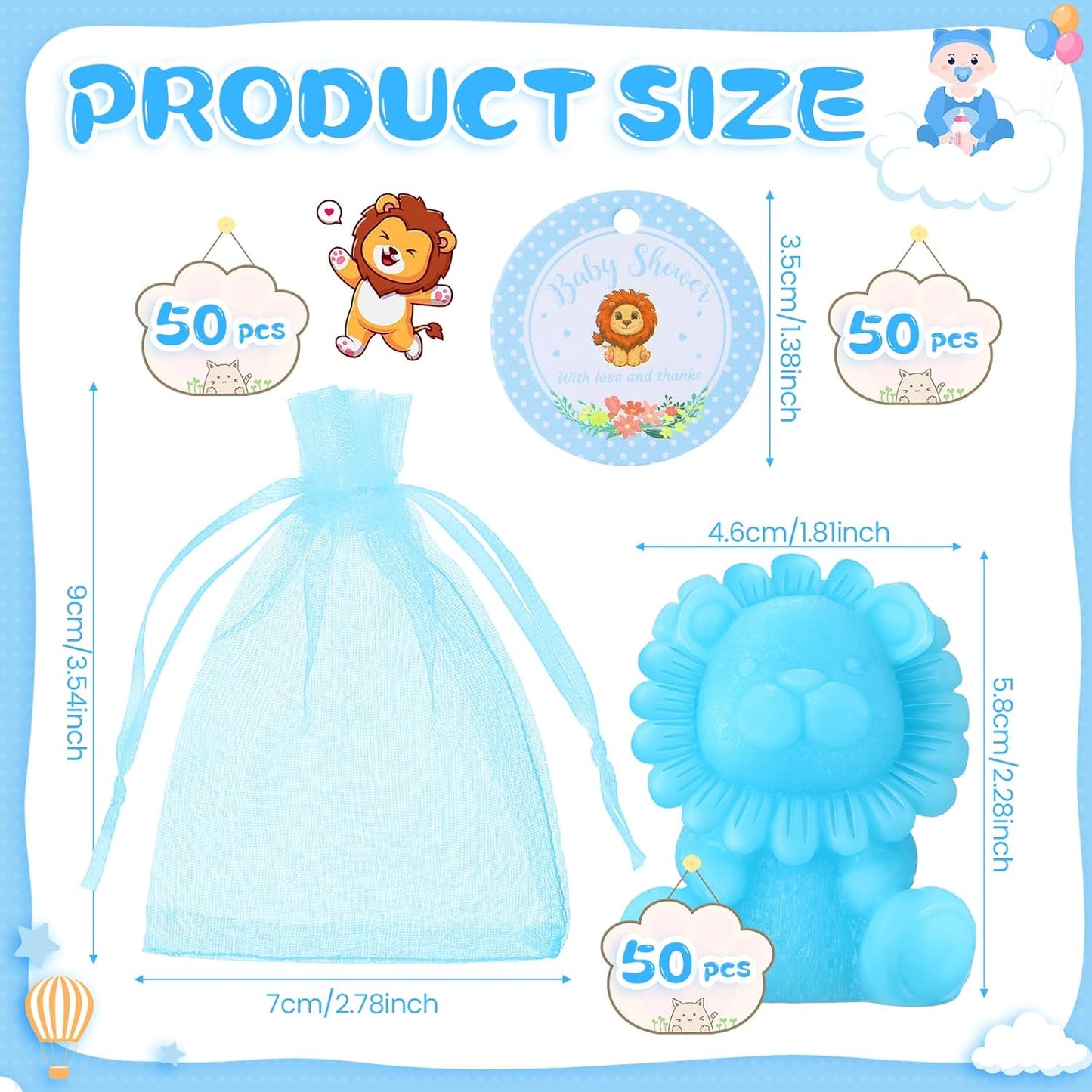 50 Sets Lion Soap Baby Shower Favors Handmade Safari Baby Shower Favors for Guests Soaps with Organza Bags Thanks Tags Wedding Party Guests