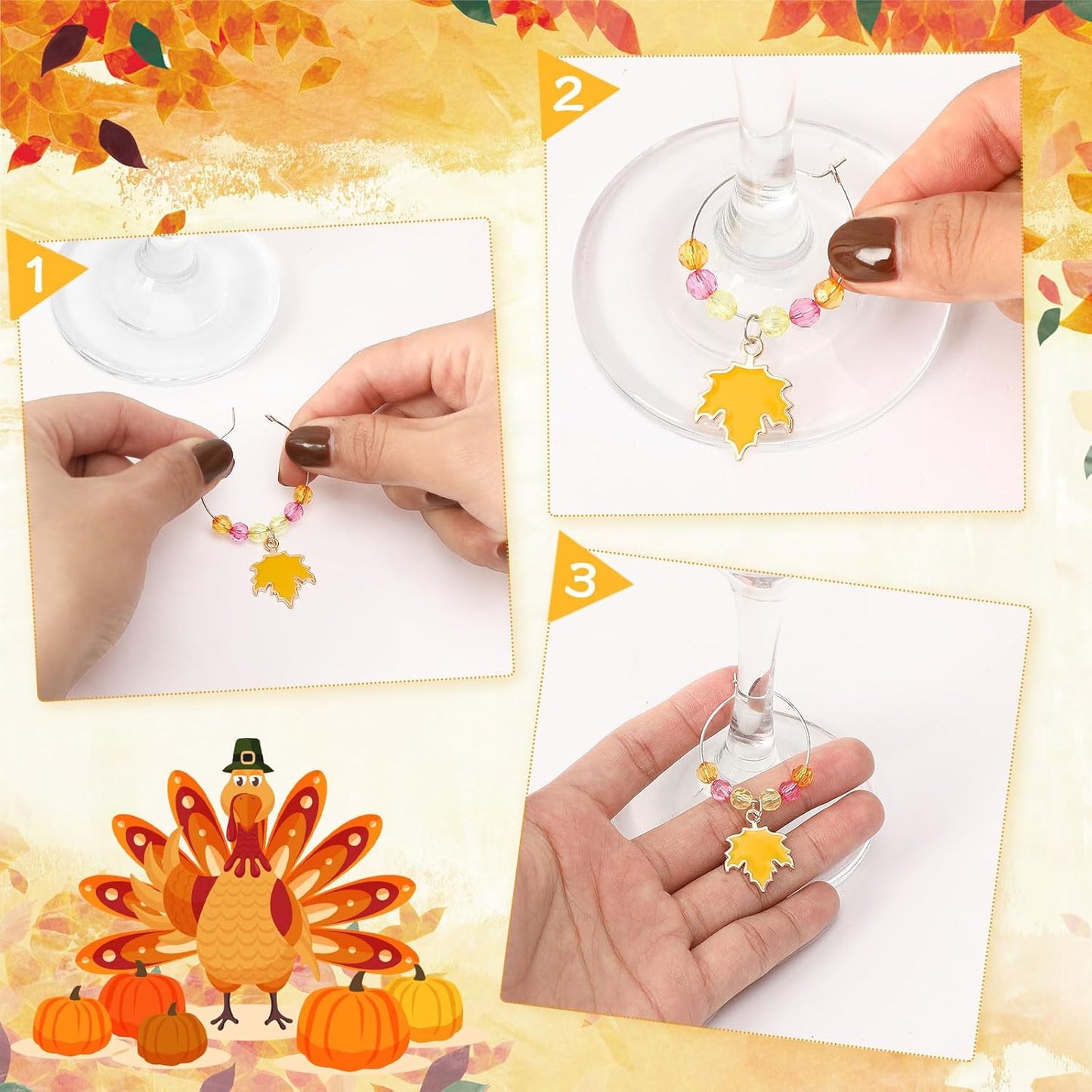 SANNIX Thanksgiving Wine Glass Charms, 24pcs Wine Glass Identifiers for Stem Glasses, Hostess Gifts & Party Favors