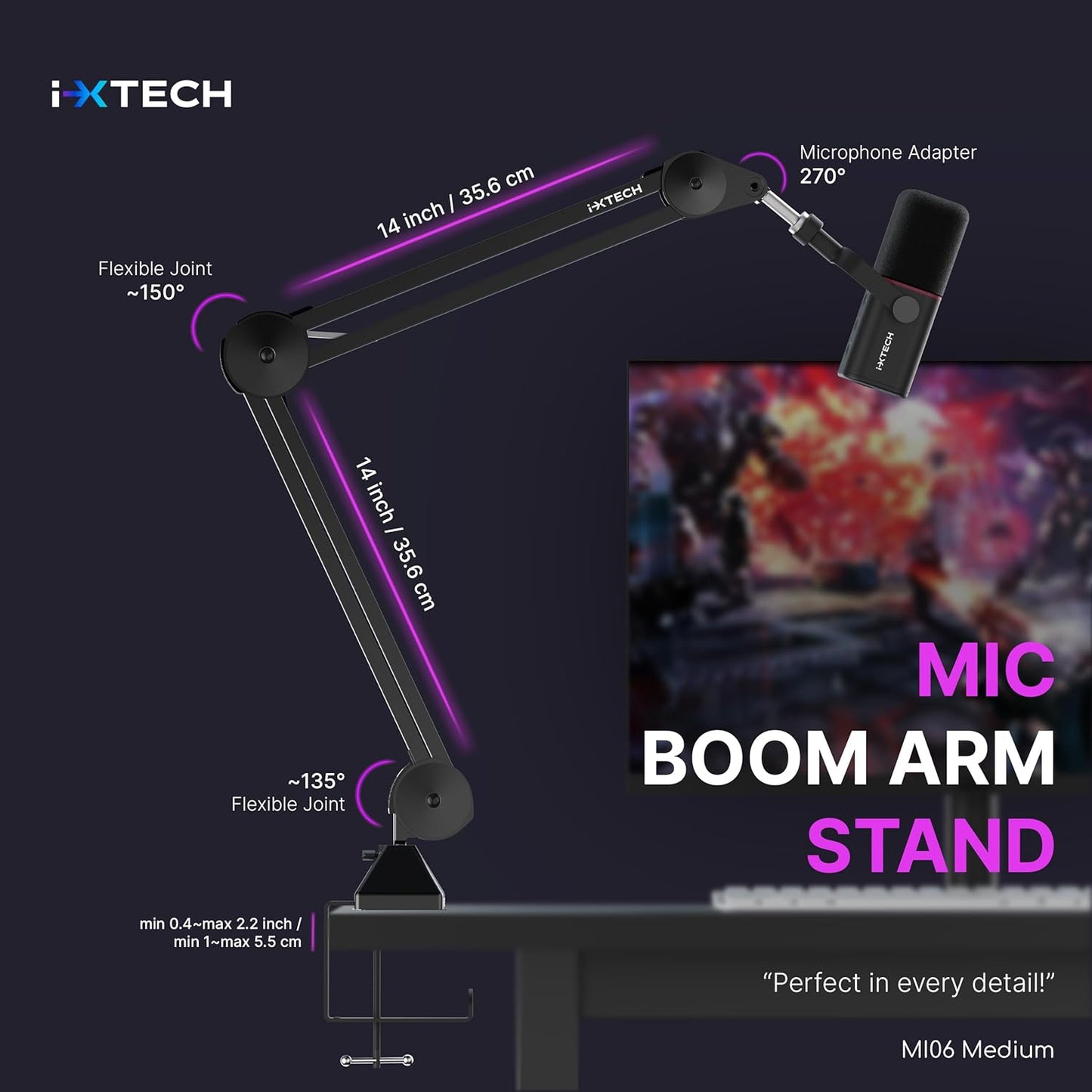 IXTECH Microphone Boom Arm Stand, Heavy Duty Adjustable Mic Stand with Cable Ties, Desk Mount Arm Stand for Gaming Streaming Podcasting.