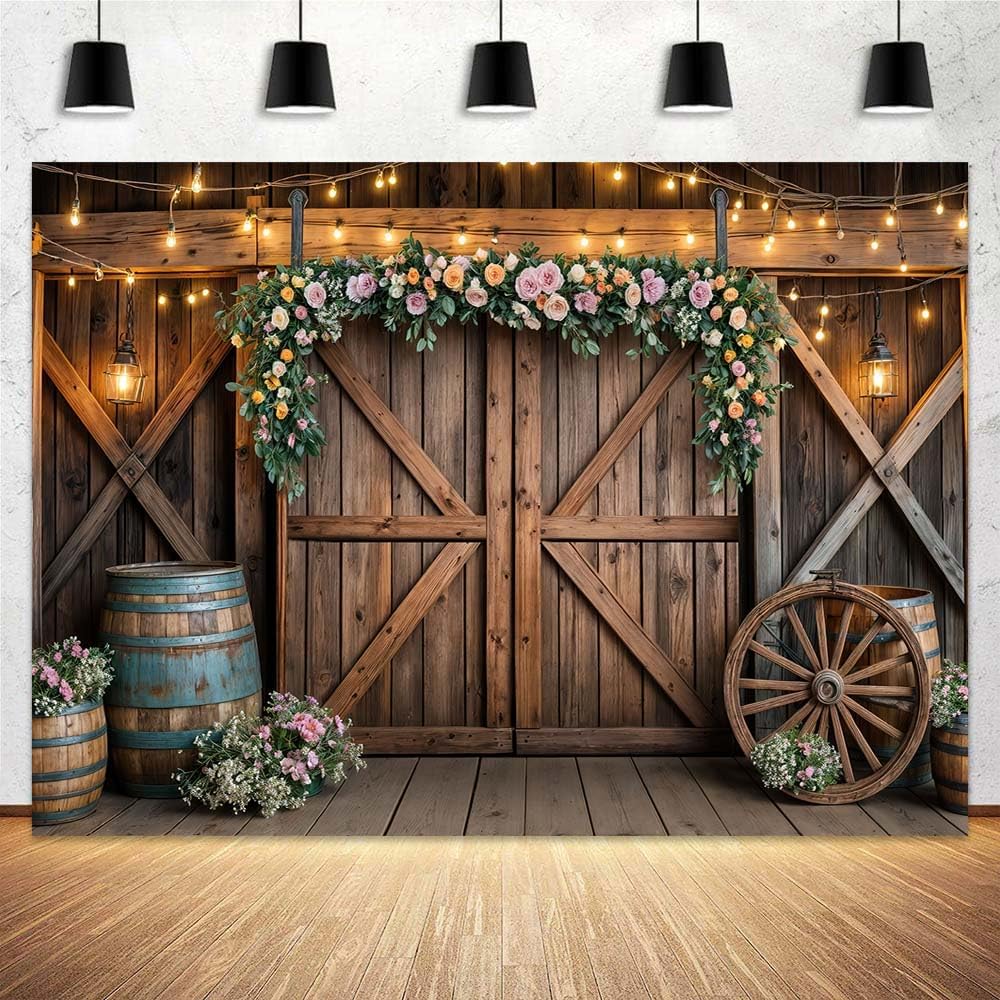 5x3ft Country Wedding Photography Backdrop Rustic Barn Door Photography Backdrop Farmhouse Pink Flower Cabin Wooden Birthday Baby Shower Wedding Bridal Party Banner Photo Booth Props Background