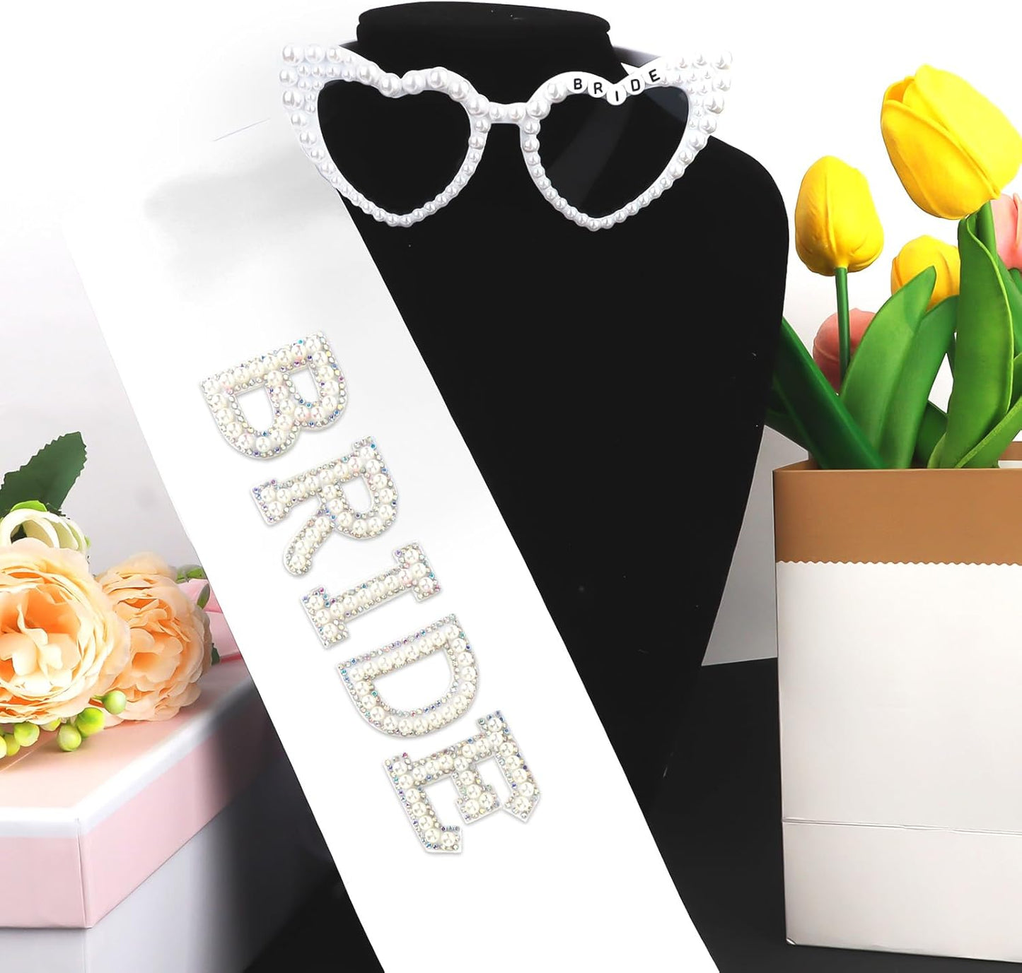 White Bride Sash & Heart Sunglasses Set Bachelorette Party Decorations Bridal Shower Engagement Party Decorations