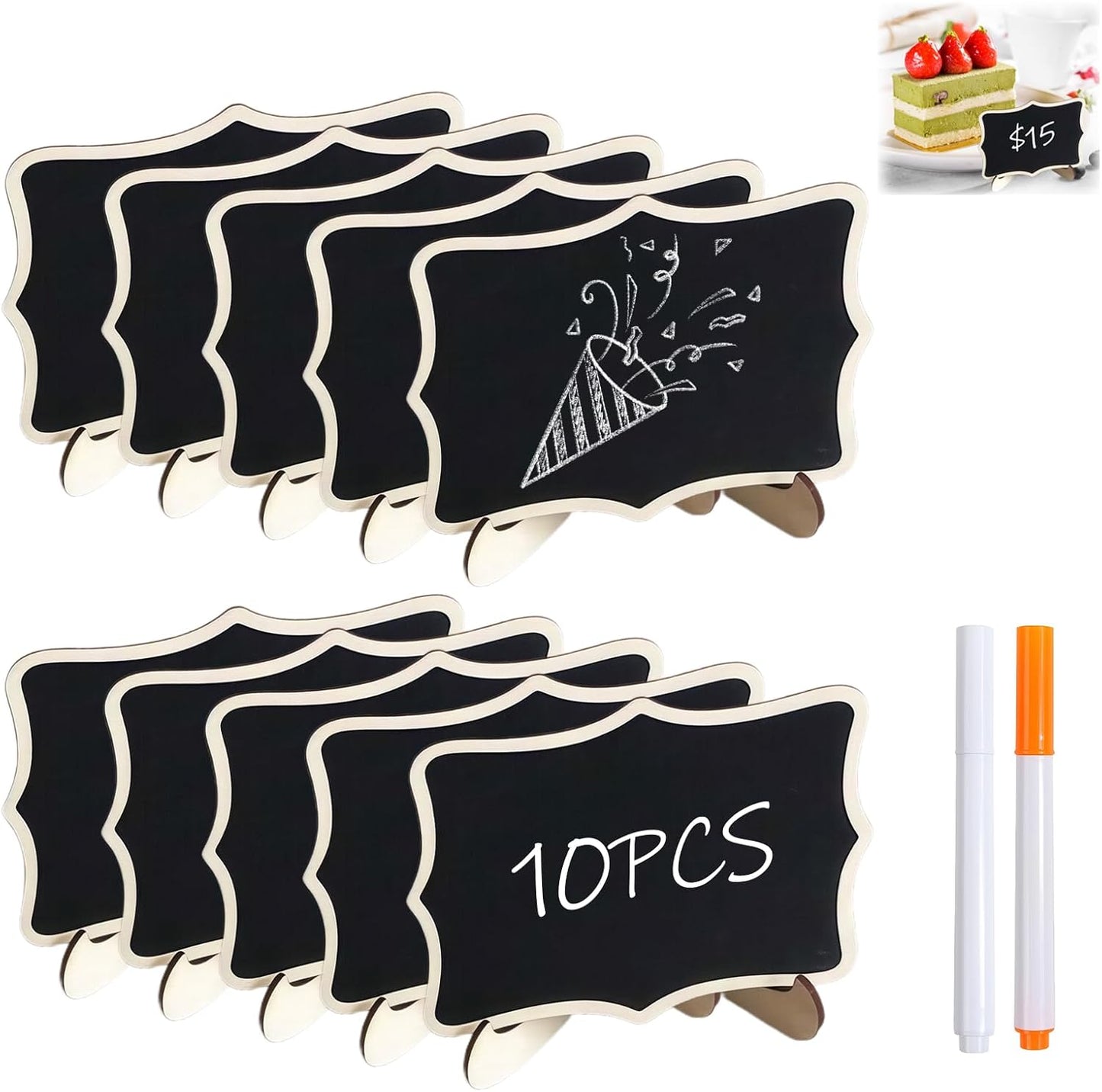 10PCS Mini Chalkboard Signs, Framed Small Chalk Board Food Labels with Easel Stand, Reusable Writable Blackboard with 2 Chalks, Wood Place Cards for Weddings, Birthday Parties, Buffet (Flower)