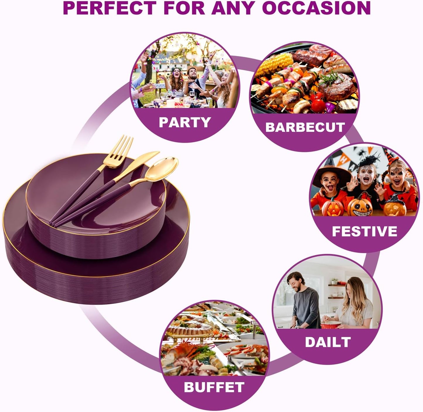 Liacere 150PCS Purple Plastic Plates - Gold Plastic Silverware with Purple Handle - Disposable Plates Include 30 Guests Plates, Forks, Spoons, Knives for Wedding&Father's Day&Independence Day