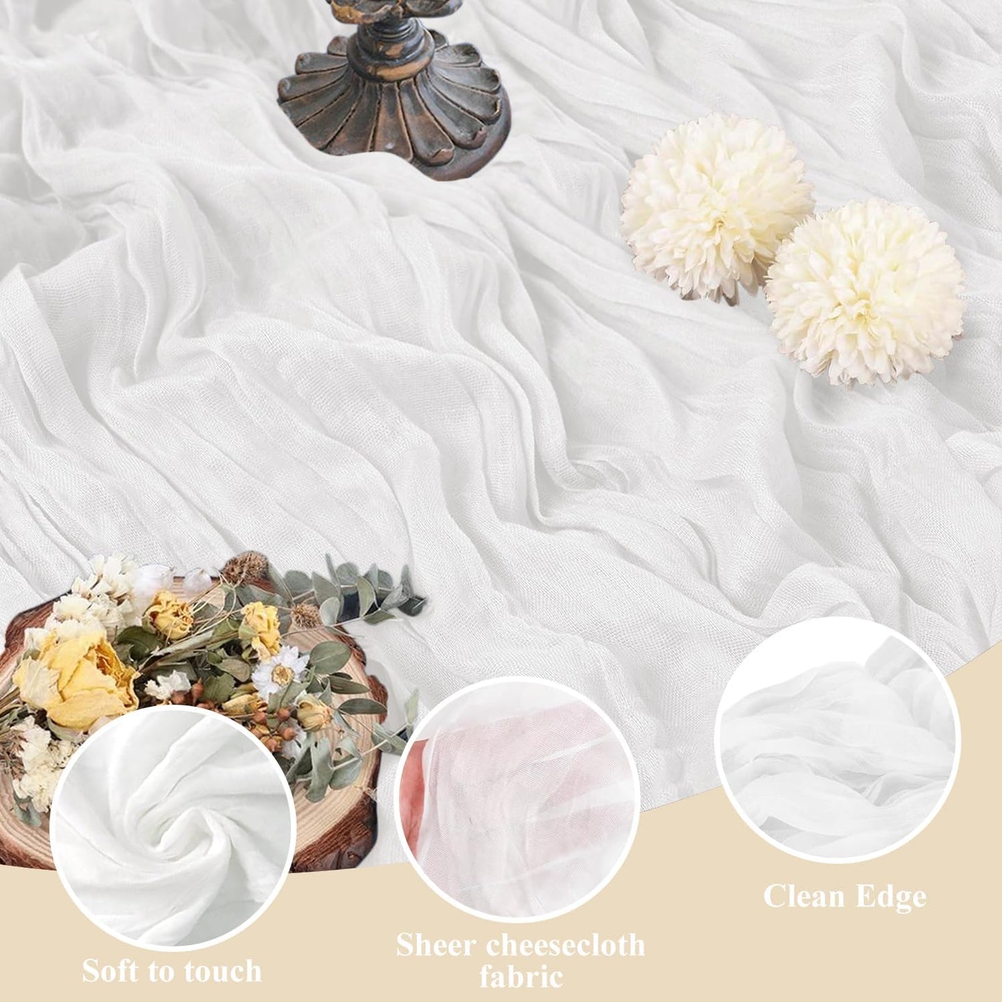 Asee'm 6pcs Cheesecloth Table Runner 120 Inches Long Ivory Boho Gauze Cheese Cloth Runner 10FT Rustic Sheer Table Runners for Christmas Wedding Party Baby Shower Spring Easter Decoration