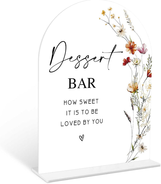 Boho Floral Dessert Bar Sign, 6 x 8 Inch White Arch Acrylic Wedding Sign with Holder, Wedding Sign for Ceremony and Reception, Wedding Decoration, Wedding Supplies - BX21