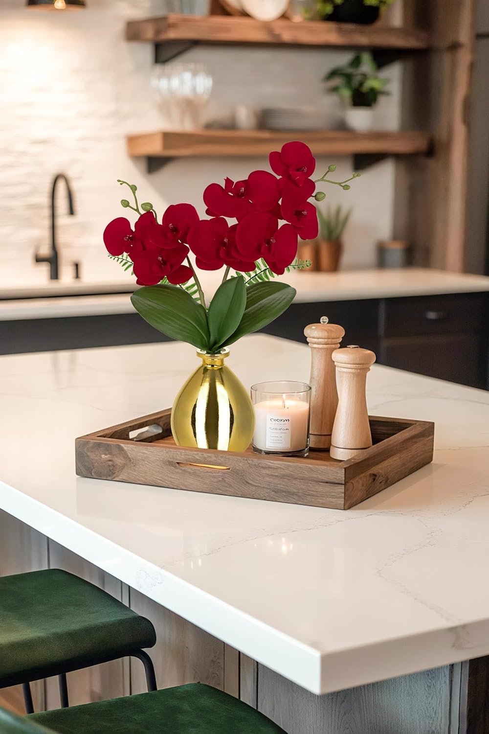 Red Orchids Artificial Flowers, Faux Orchid in Glass Vase Real Touch Small Phalaenopsis Orchid Flowers Arrangements with Gold Vase Orchids Centerpiece for Dining Room Table