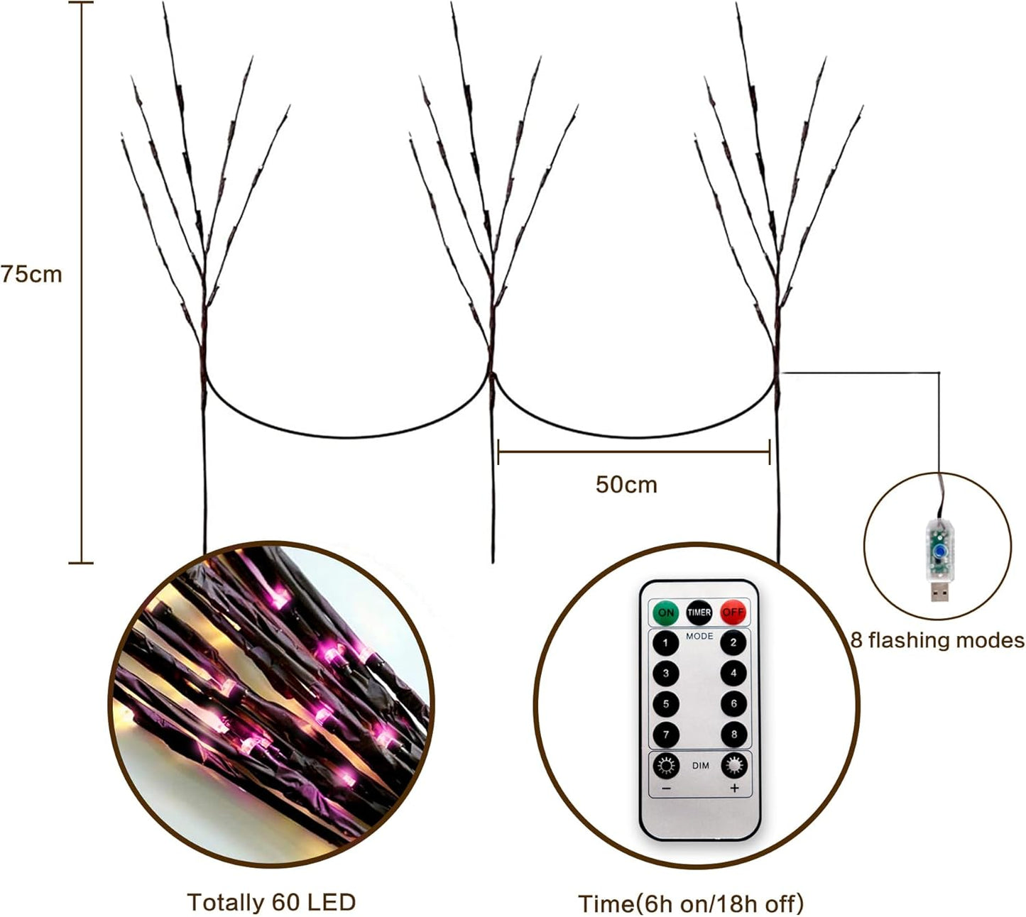 MENCH Branch Lights,3 Pcs Twig Light USB&Battery Powered 8 Flashing Modes by Remote Control.Branch Lights for Indoor, Light Up Decorations for Halloween Day and Christmas,Pink