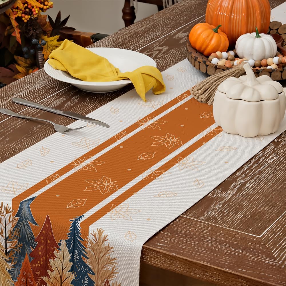GEEORY Fall Watercolor Trees & Maple Leaves Striped Table Runner 13x48 Inch, Rustic Farmhouse Autumn Thanksgiving Decor for Kitchen, Dining, Indoor/Outdoor Holiday Dinner Party Orange GT157-48