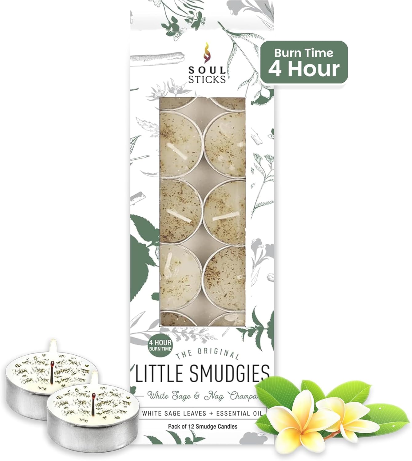 SOUL STICKS 12 Pack Little Smudgies Tealight Candles Smudge Candle for Cleansing House, Meditation, Chakra Healing | Made with Crystals and Herbs (White Sage & Nag Champa)