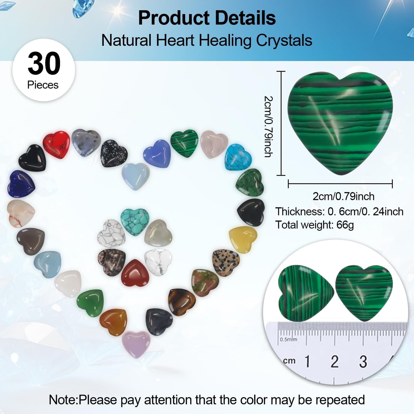 Healing Crystals,Virekm 30PCS Heart Healing Crystals Amethyst Heart Love Stones Set Palm Thumb Gemstones Chakra Reiki Balancing Gifts for Men Women (Colorful - 30 PCS)