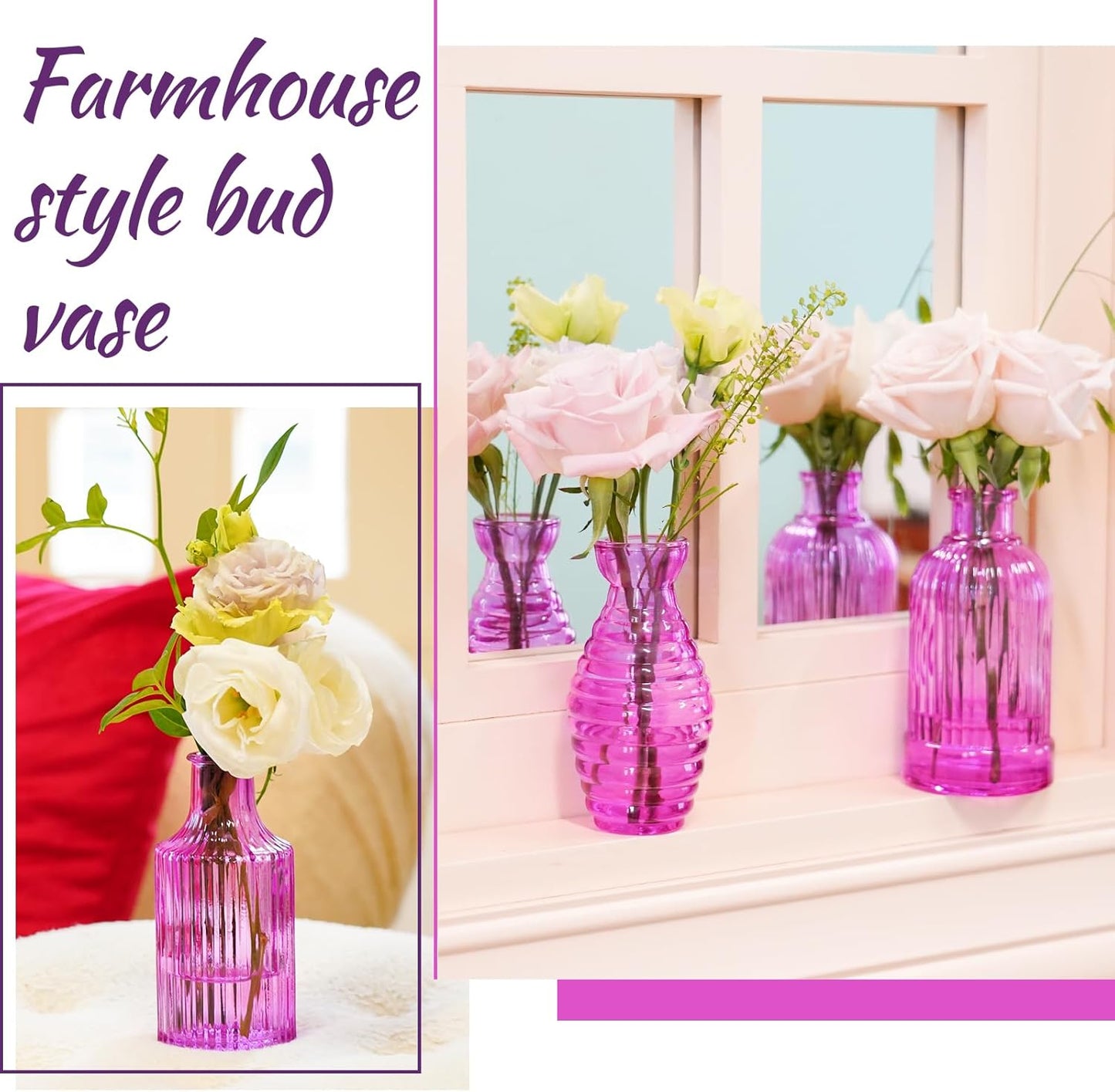 24PCS Bud Vases for Decor Cool Hot Pink Small Glass Flower Vase in Bulk Wedding Centerpieces Bridal Shower Decorations for Women