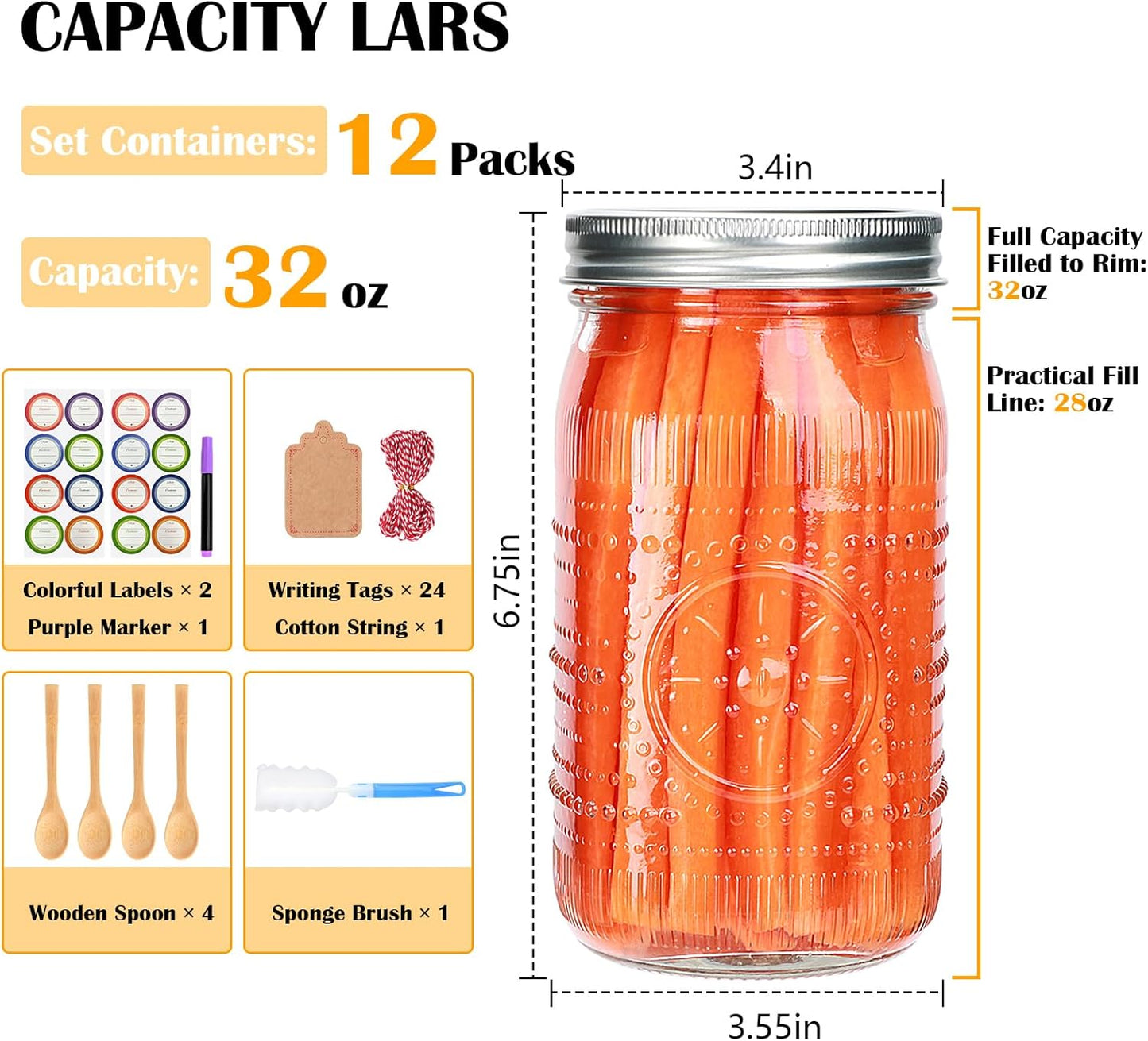 Encheng 12 Pack 32oz Wide Mouth Mason Jars with Lids and Bands,Clear Glass Canning Jars for Fermenting,Preserving,Quart Size Large Mason Jars for Jam,Pickling,Meal Prep,DIY Crafts