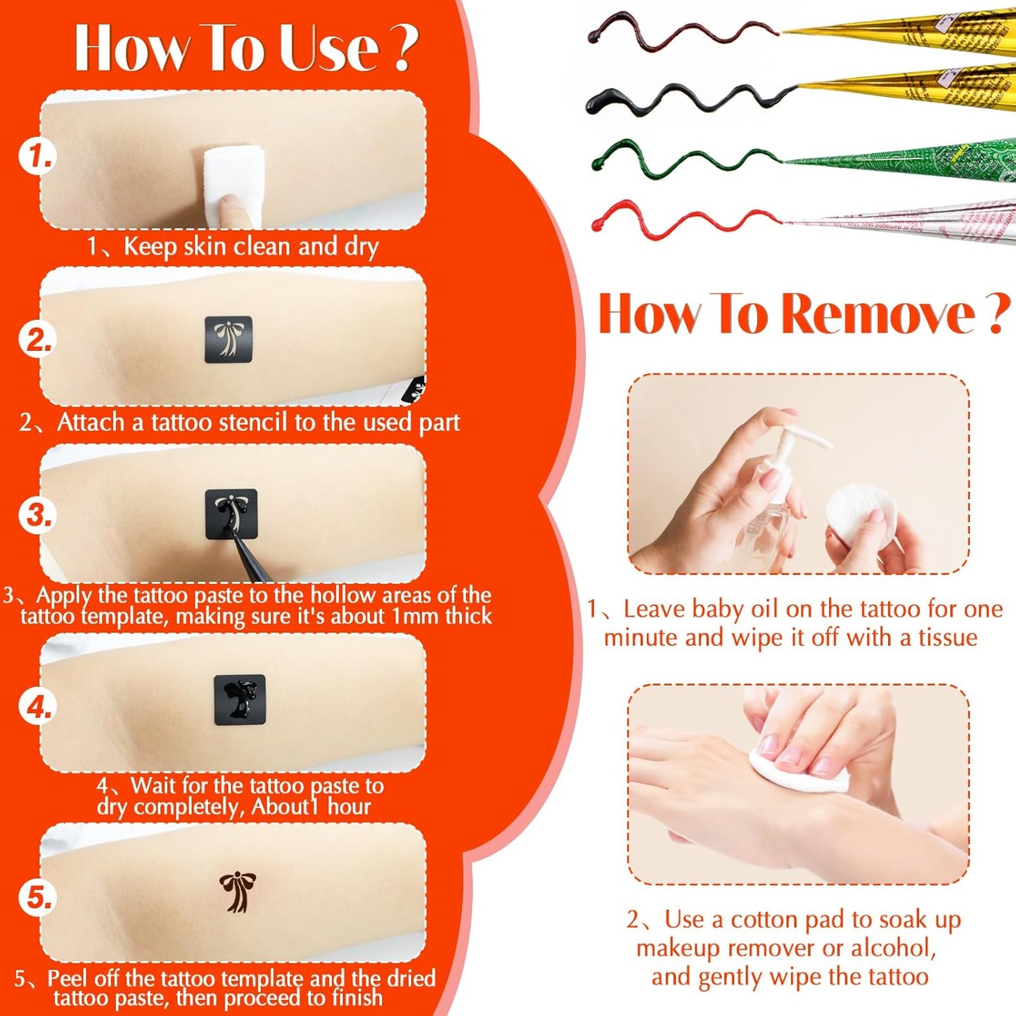 Temporary Tattoos Stencils Kit,Temporary Tattoos Kit - 8 Pcs 4 Color(Brown,Black,Cherry red,Green), Ink with Gloves,DIY Body Art Painting for Women Men Adults Kids