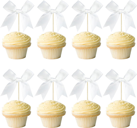 Gyufise 24Pcs Bow Cupcake Toppers Coquette Bow Girls Birthday Cake Decorations Bowknot Cake Toppers Bowknot Cupcake Picks for Baby Shower Birthday Wedding Bridal Engagement Party Supplies White