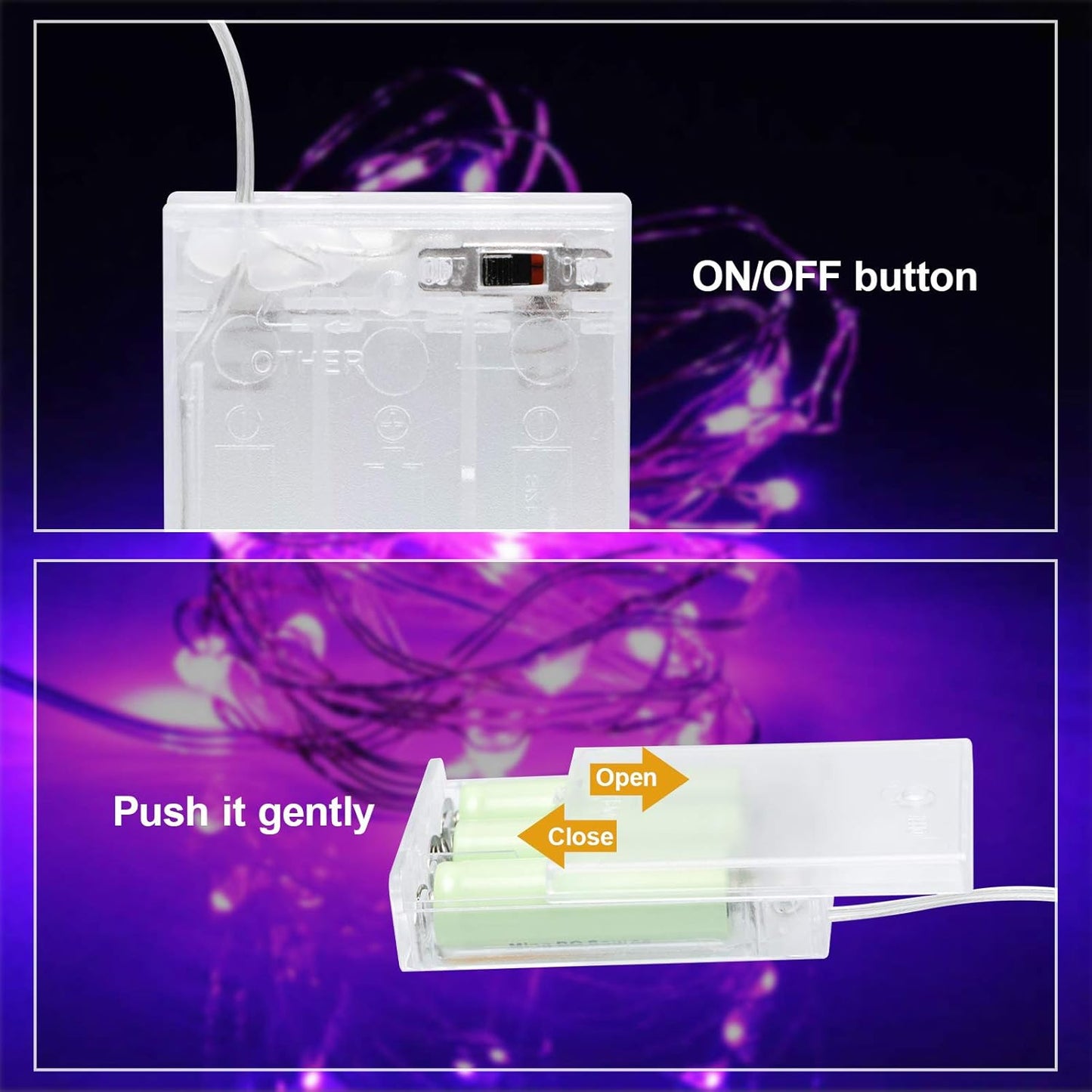 ANJAYLIA 2 Pack 16Ft 50 LED Purple Fairy Lights Battery Operated String Lights for Party Home Festival Decorations