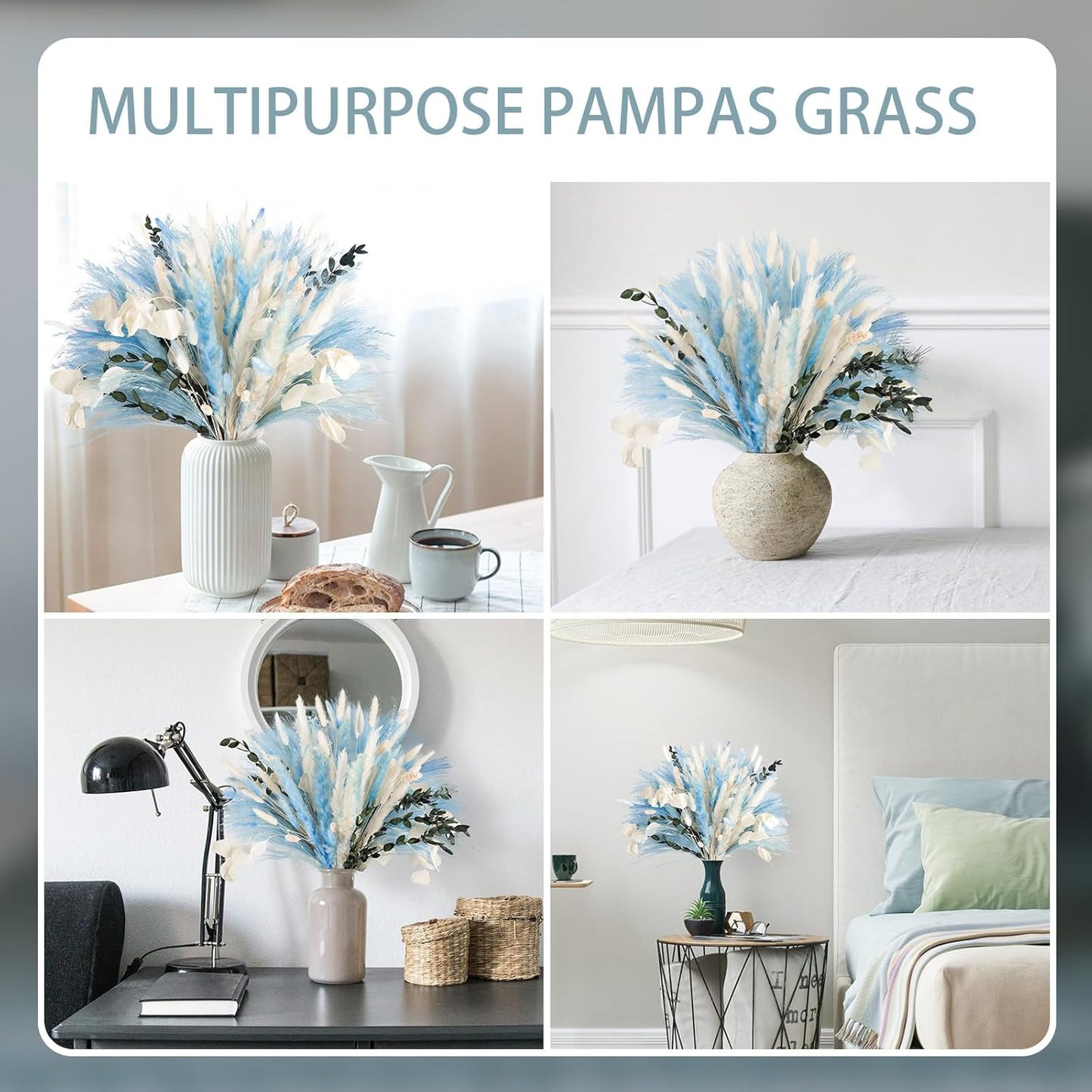 N&T NETING 101Pcs Blue Pampas Grass Decor Natural Dried Floral Pampas Grass Light Blue Boho Pampas Home Decor Fluffy Dried Pampas Flowers for Home Wedding Boho Beach Theme Table Decor