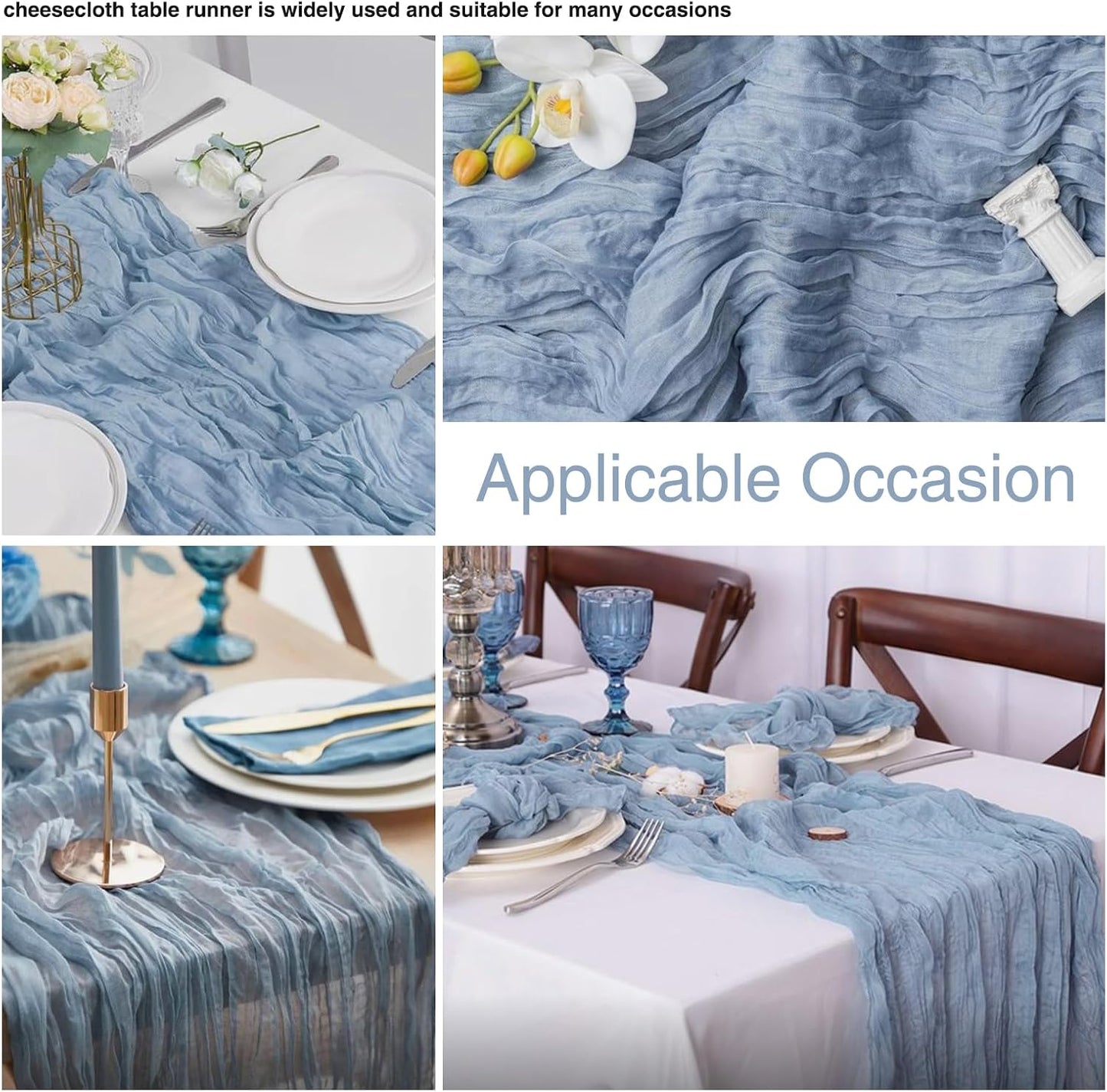 12 Pack Dusty Blue 10 Ft Cheesecloth Table Runner 20x120 Inch Boho Wrinkled Sheer Romantic Gauze Decor for Wedding, Bridal Shower, Birthday Party