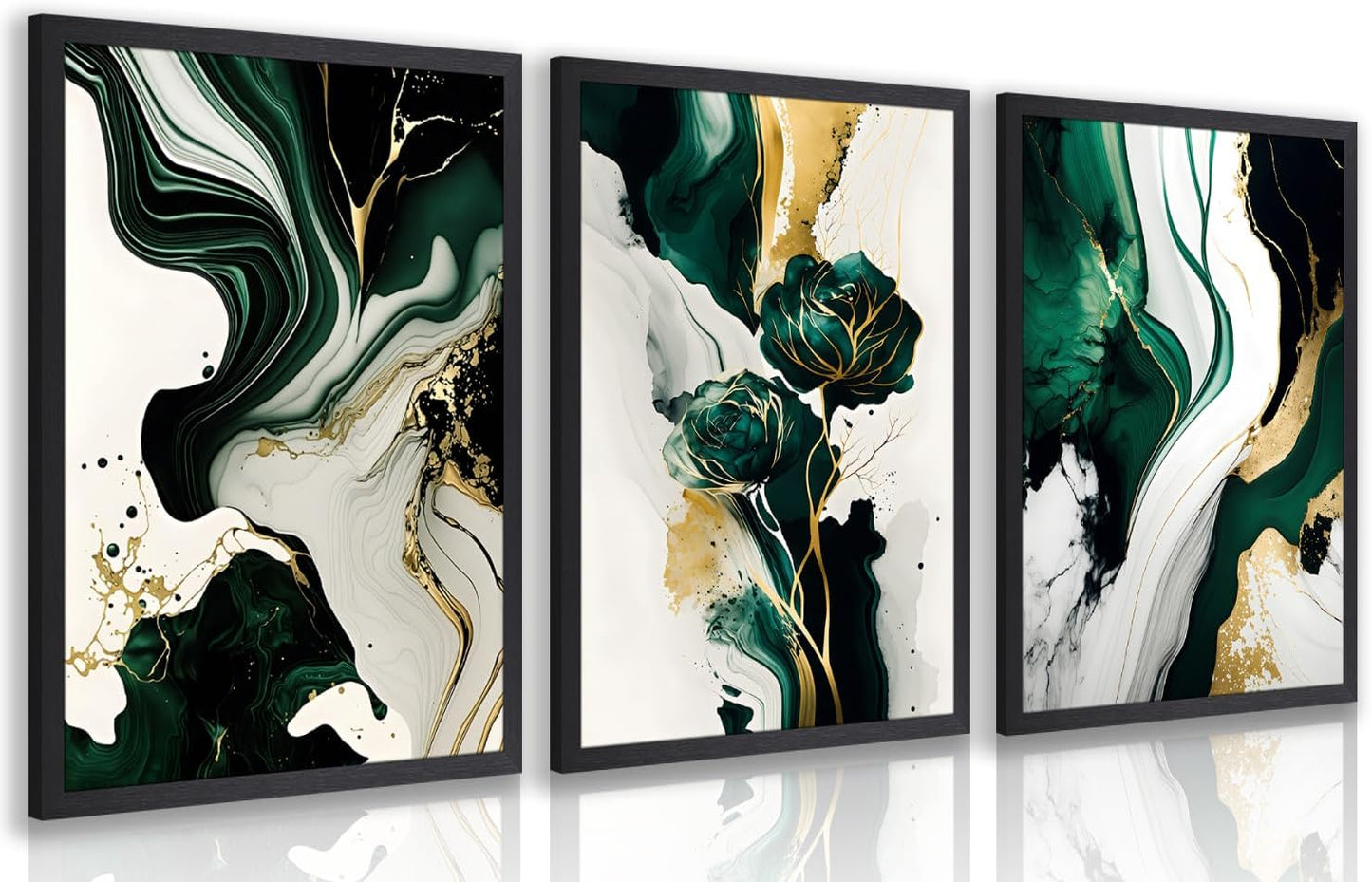 IAFWZX Wood Framed Green Gold Abstract Wall Art, Emerald Marble Textured Wall Decor, Contemporary Line Flower Canvas Paintings, Abstract Floral Poster Prints for Living Room Bedroom Office 16"x24"x3